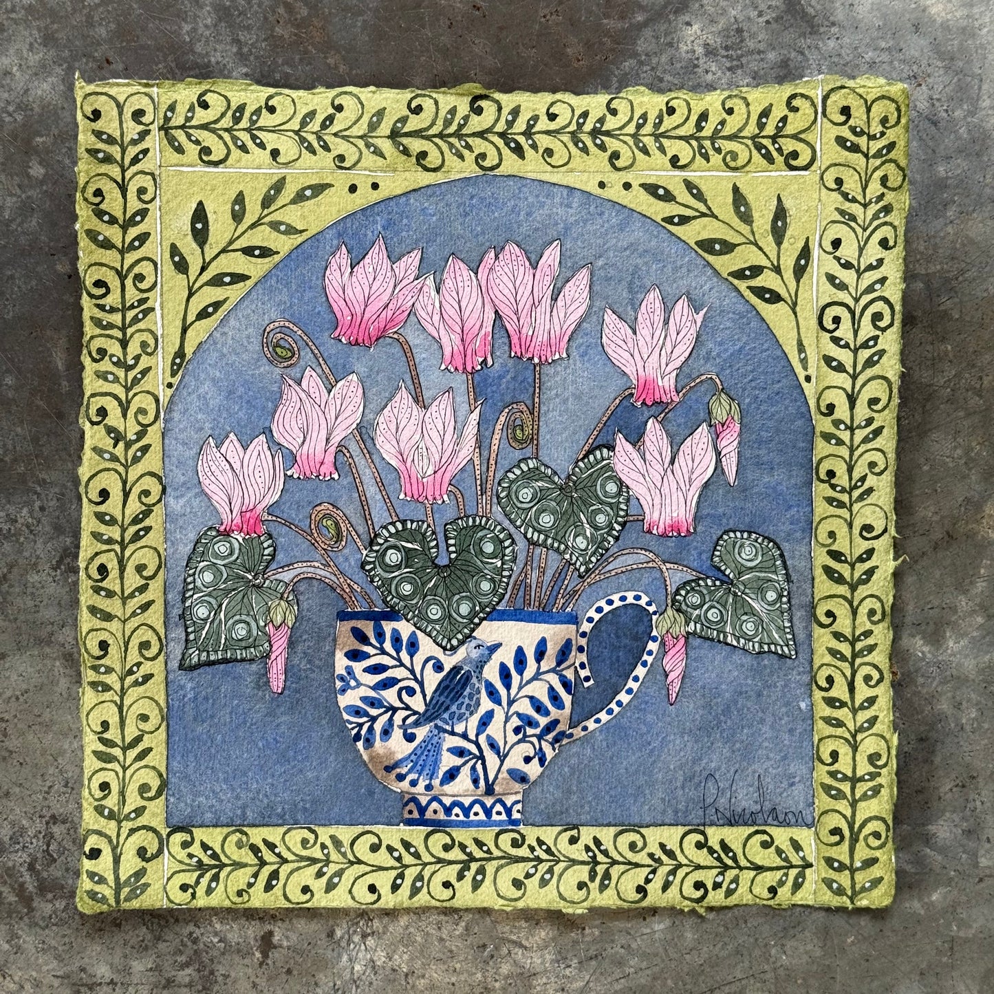 Original, Watercolour Cyclamen flowers in a Delft Teacup.