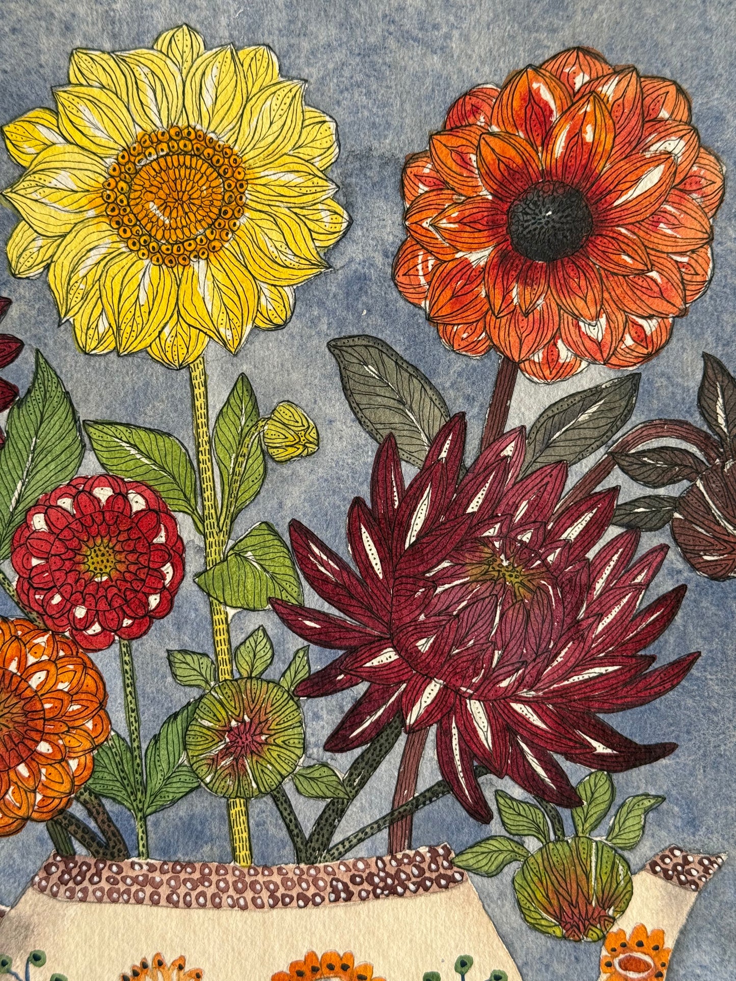 Original, A4 Watercolour Dahlias in a patterned Teapot