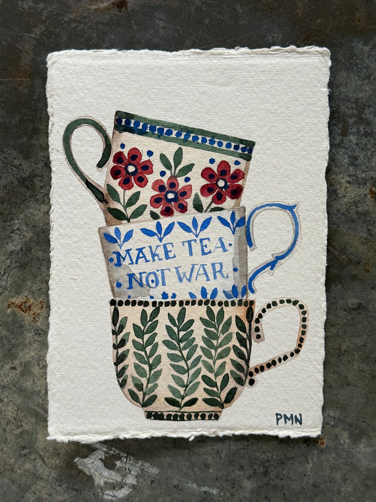 A6, Original, Watercolour Stacked Teacups (f)