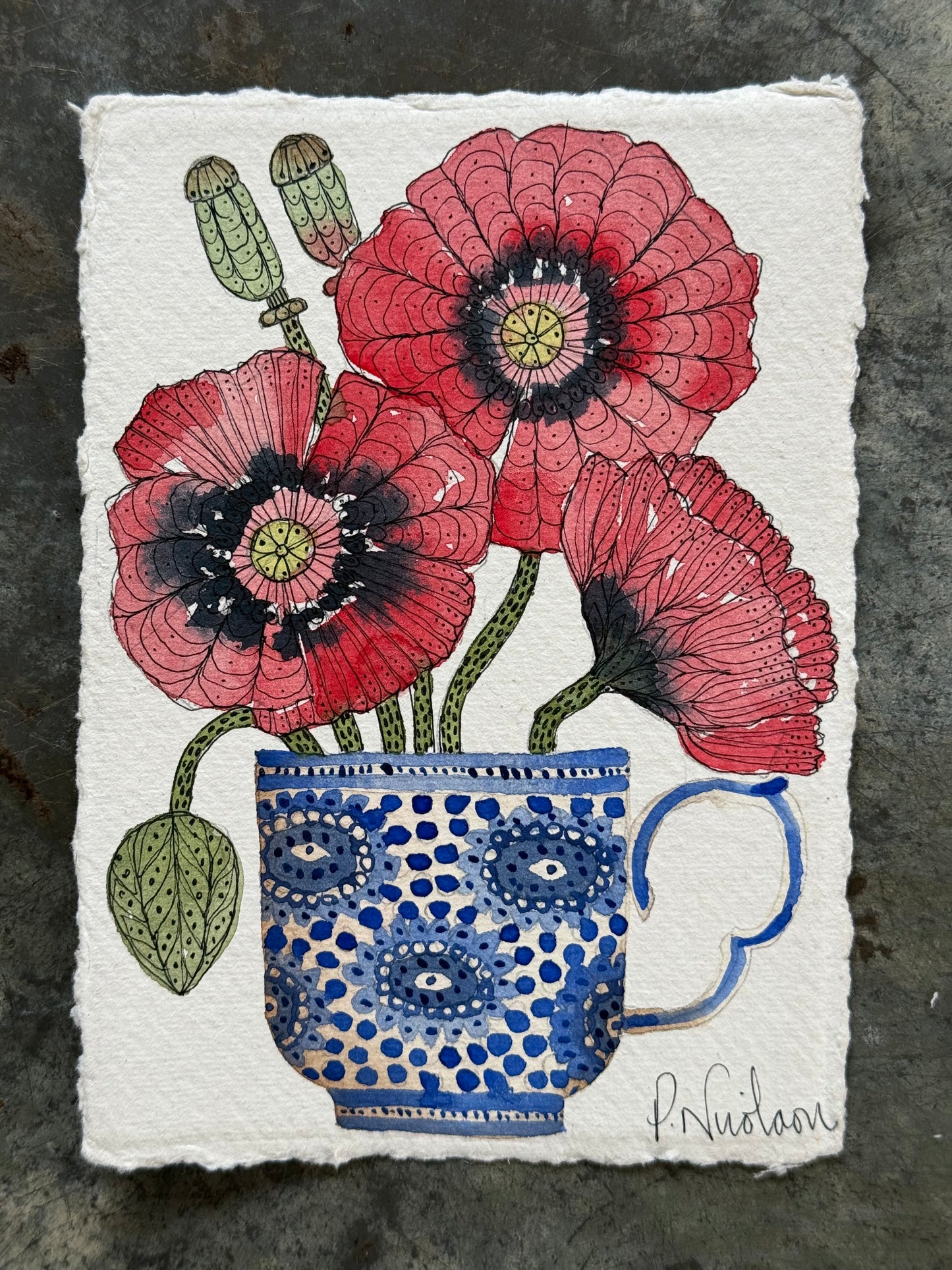 A6, Original Watercolour & Pen Red Poppies in a Teacup