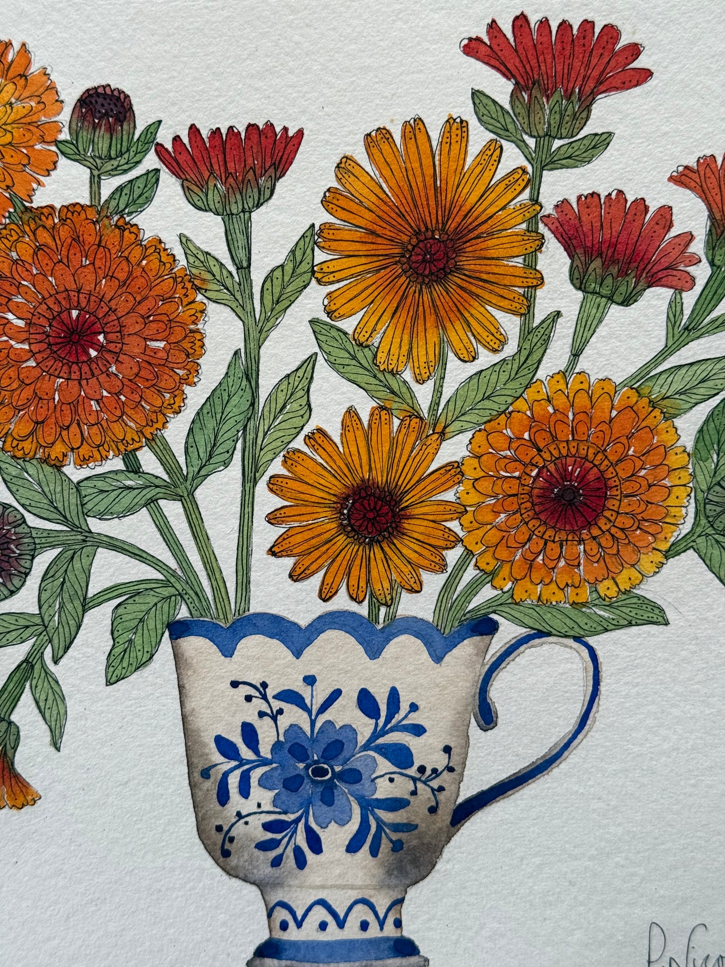 Original Watercolour Pot Marigold Flowers in a Teacup