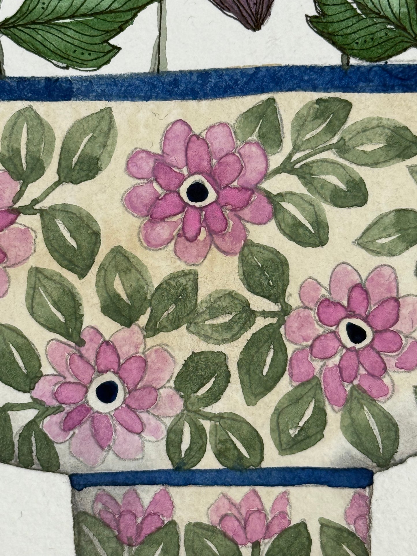 Original, A5 watercolour painting of Anemones in a floral ceramic pot.