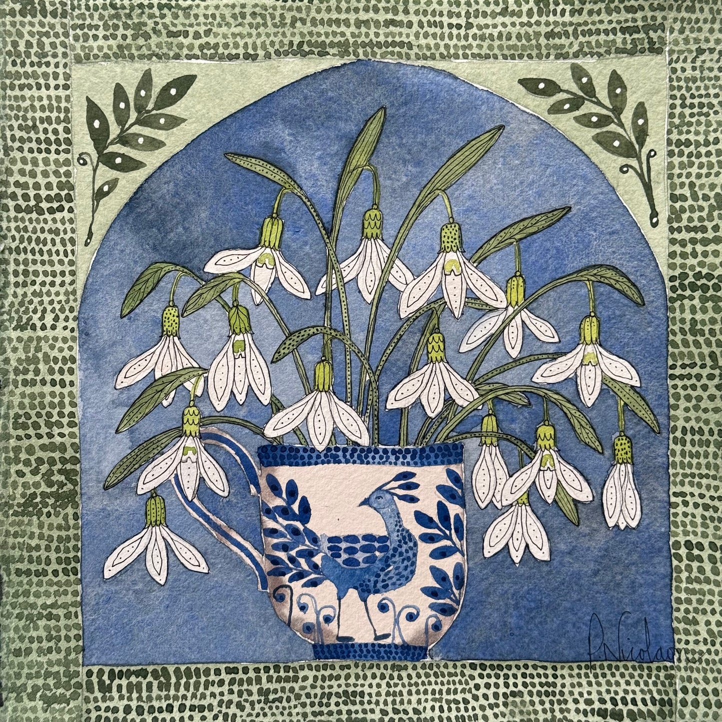 Original, Watercolour Snowdrops in a delft inspired Mug.