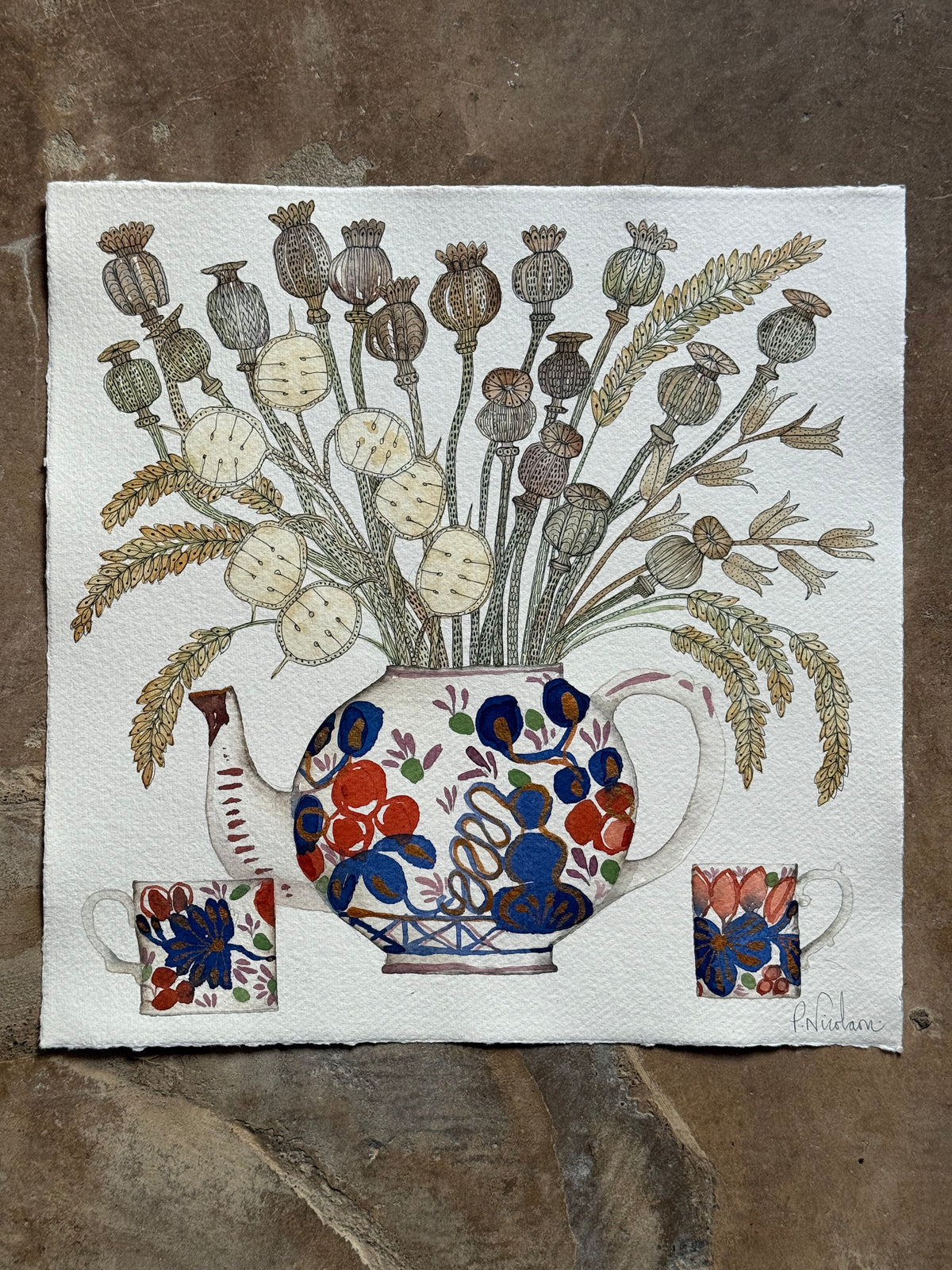 Large, Original Watercolour Dried Flowers in Gaudy Welsh Teapot