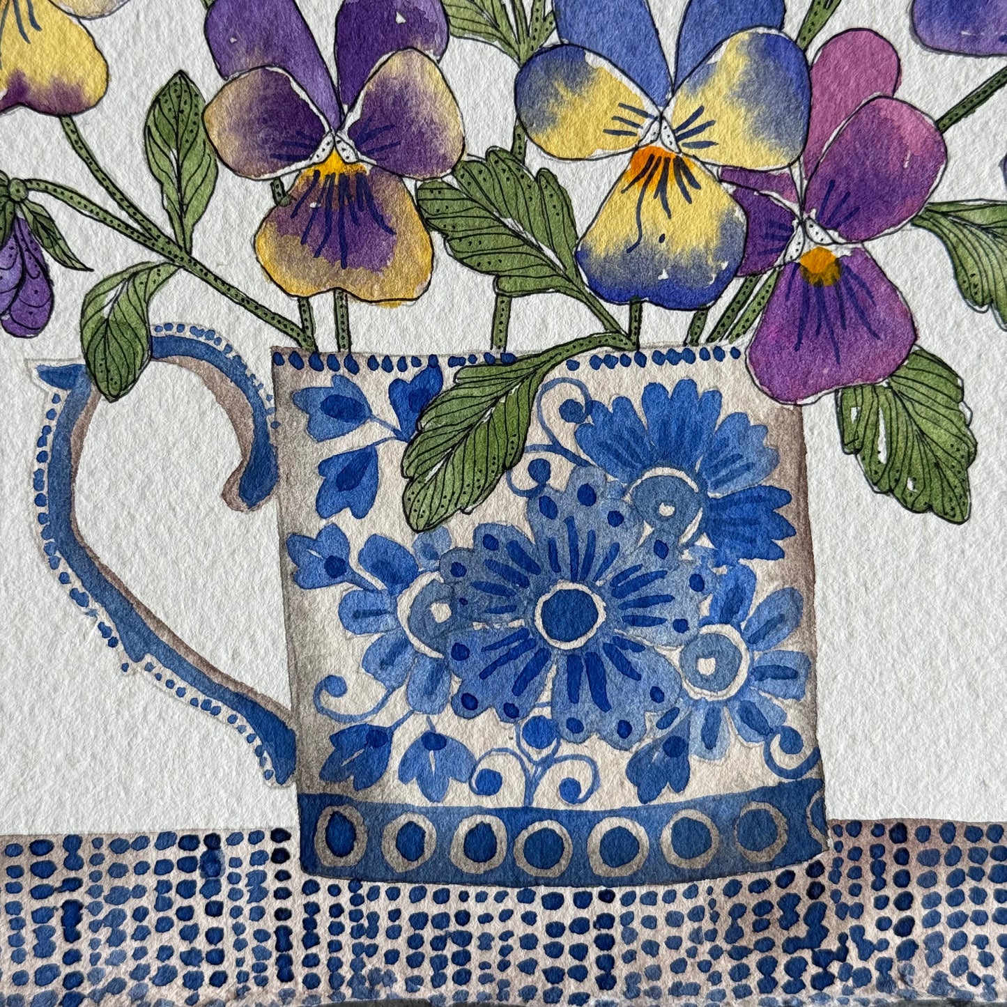 Original, Watercolour Violas in a Delft Mug.
