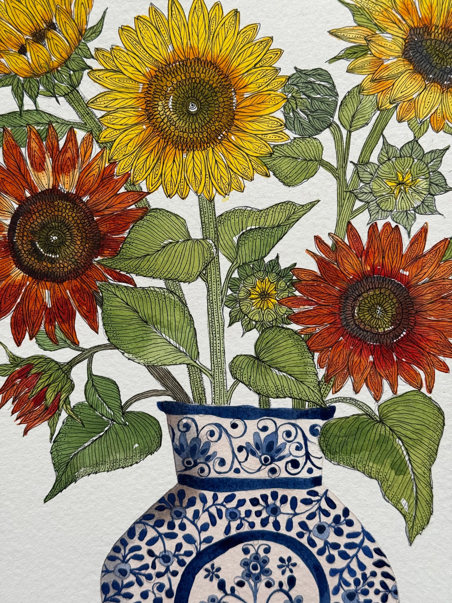 Original, A4 watercolour painting of Sunflowers in a blue & white Ceramic Vase