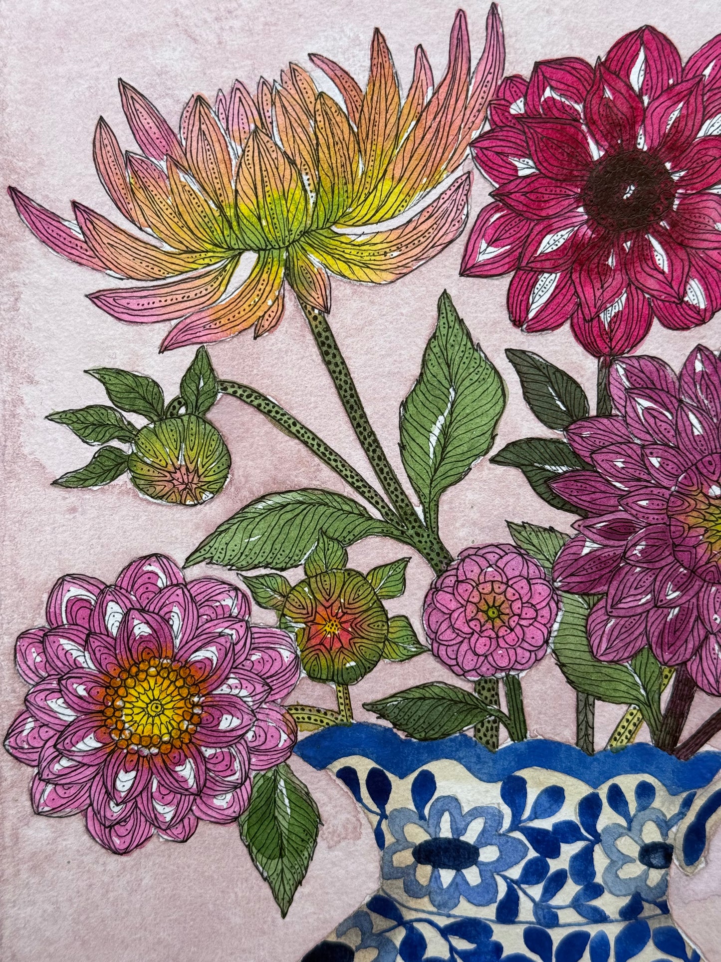Original, A4 Watercolour painting of Dahlias in a Ceramic Vase