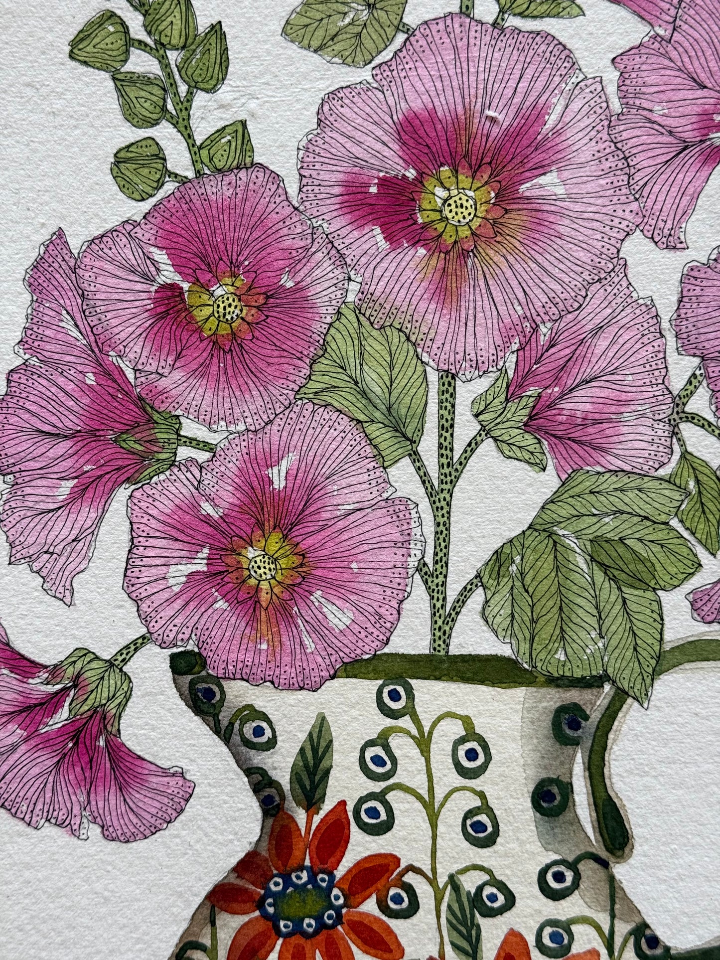 A4, Original Watercolour & Pen Hollyhocks in a Jug