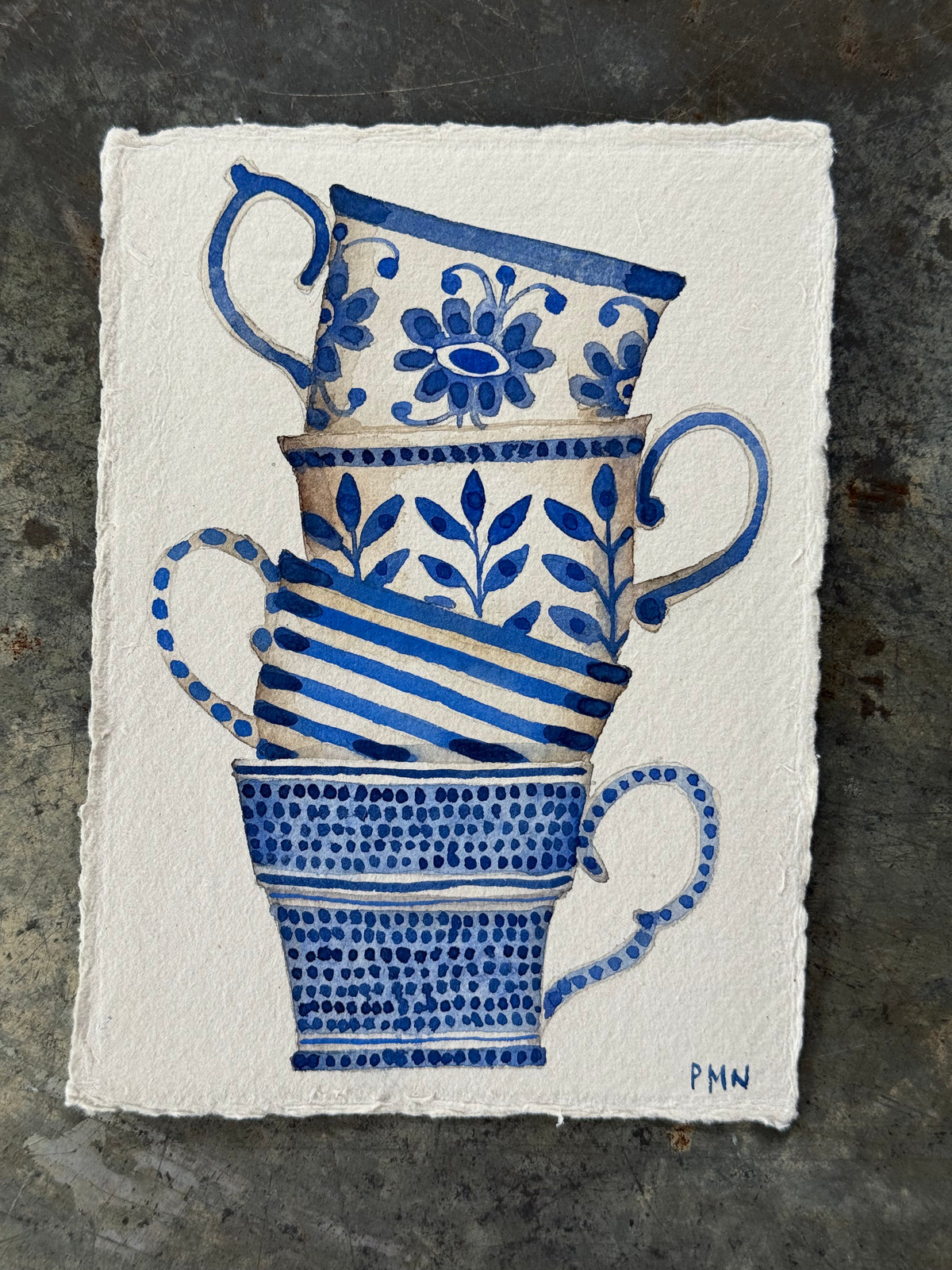 A6, Original Watercolour Stacked Teacups & Dots