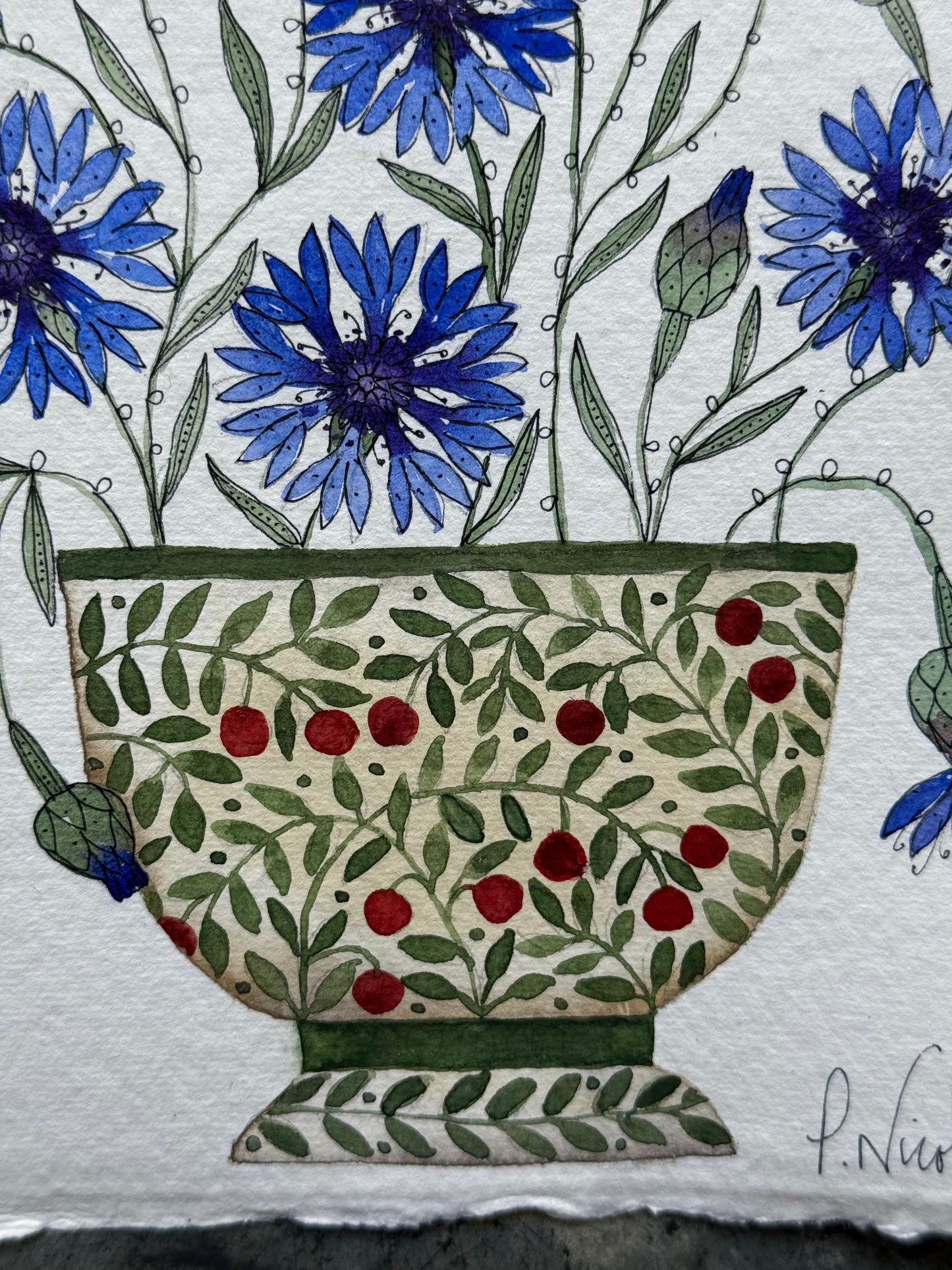 Original, A5 watercolour painting of Cornflowers in a green & red Ceramic Pot.