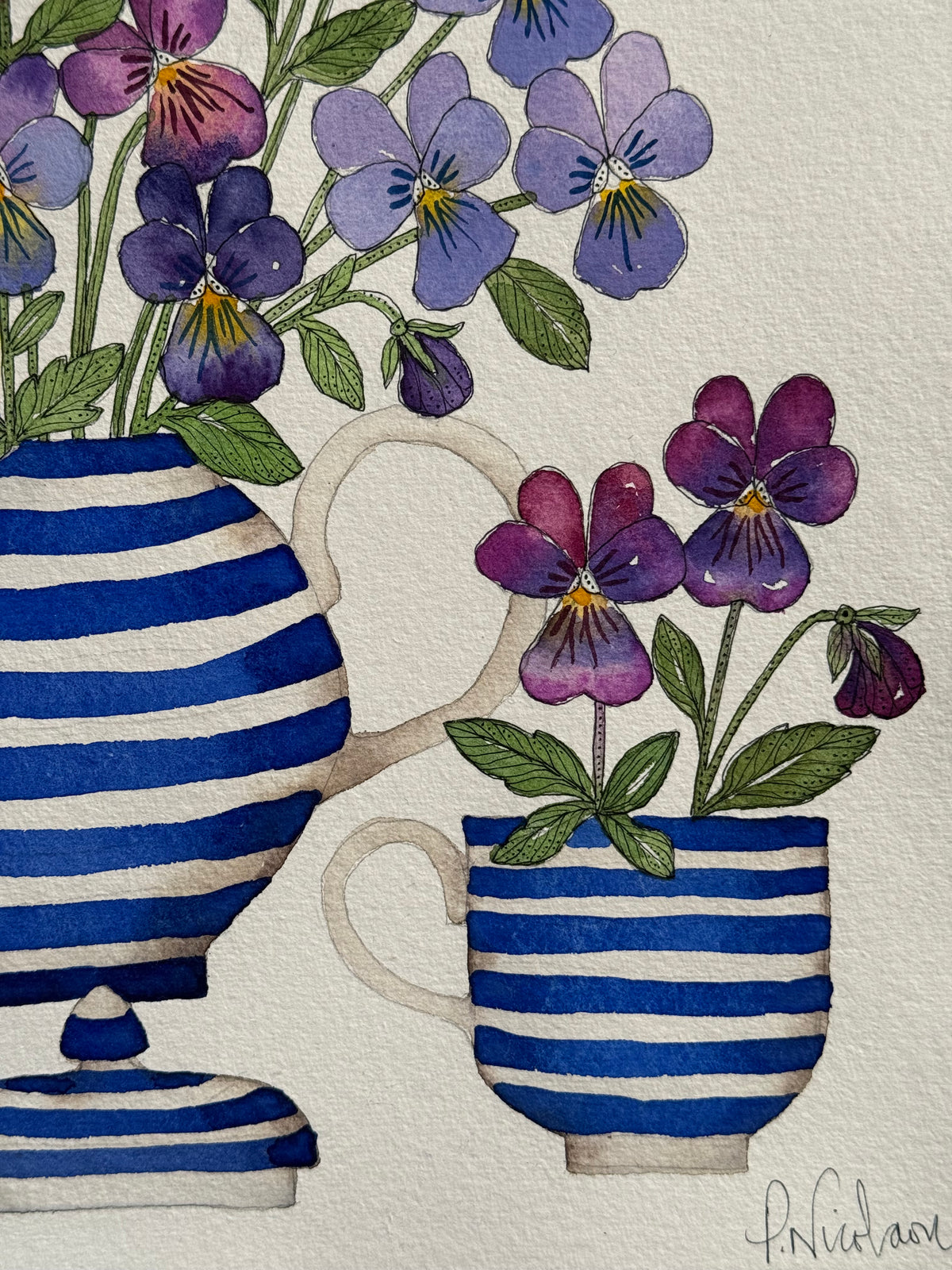 Large, Original Watercolour Violas in Blue & White Stripes