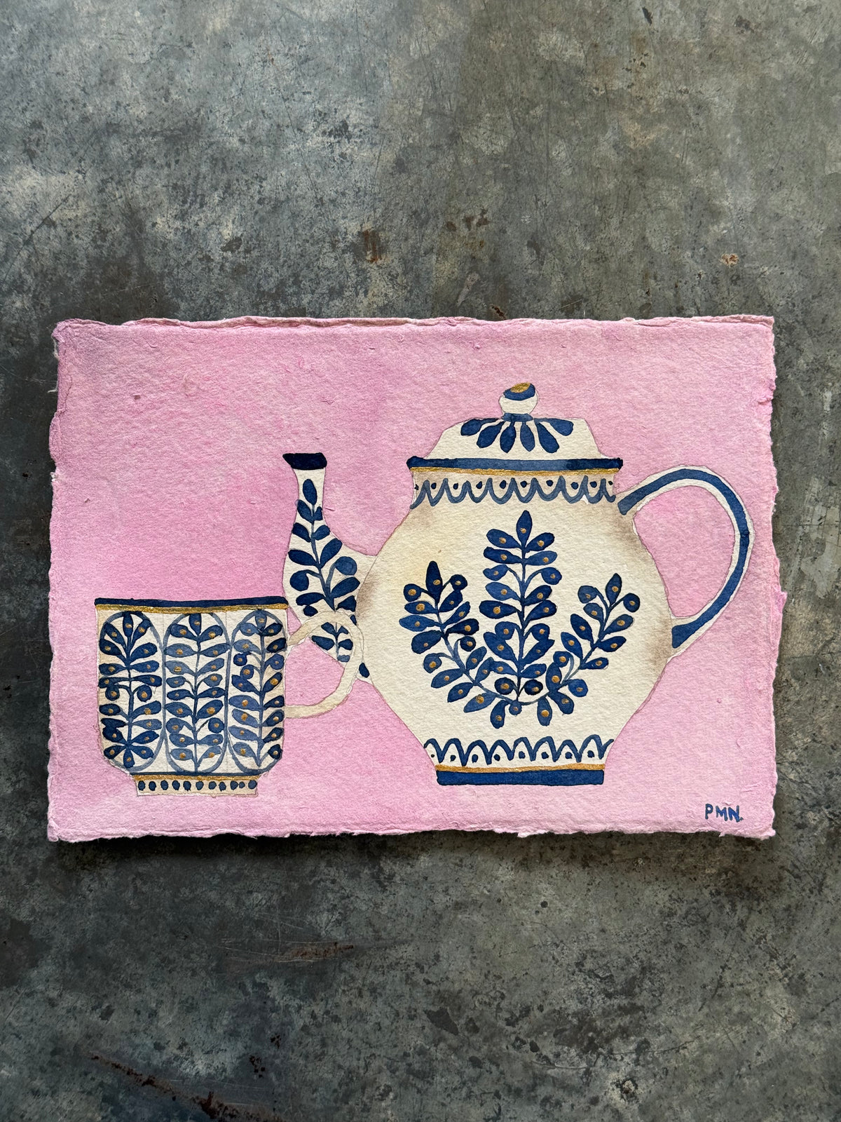 A5, Original Watercolour Teapot & Cup with Pink & Gold