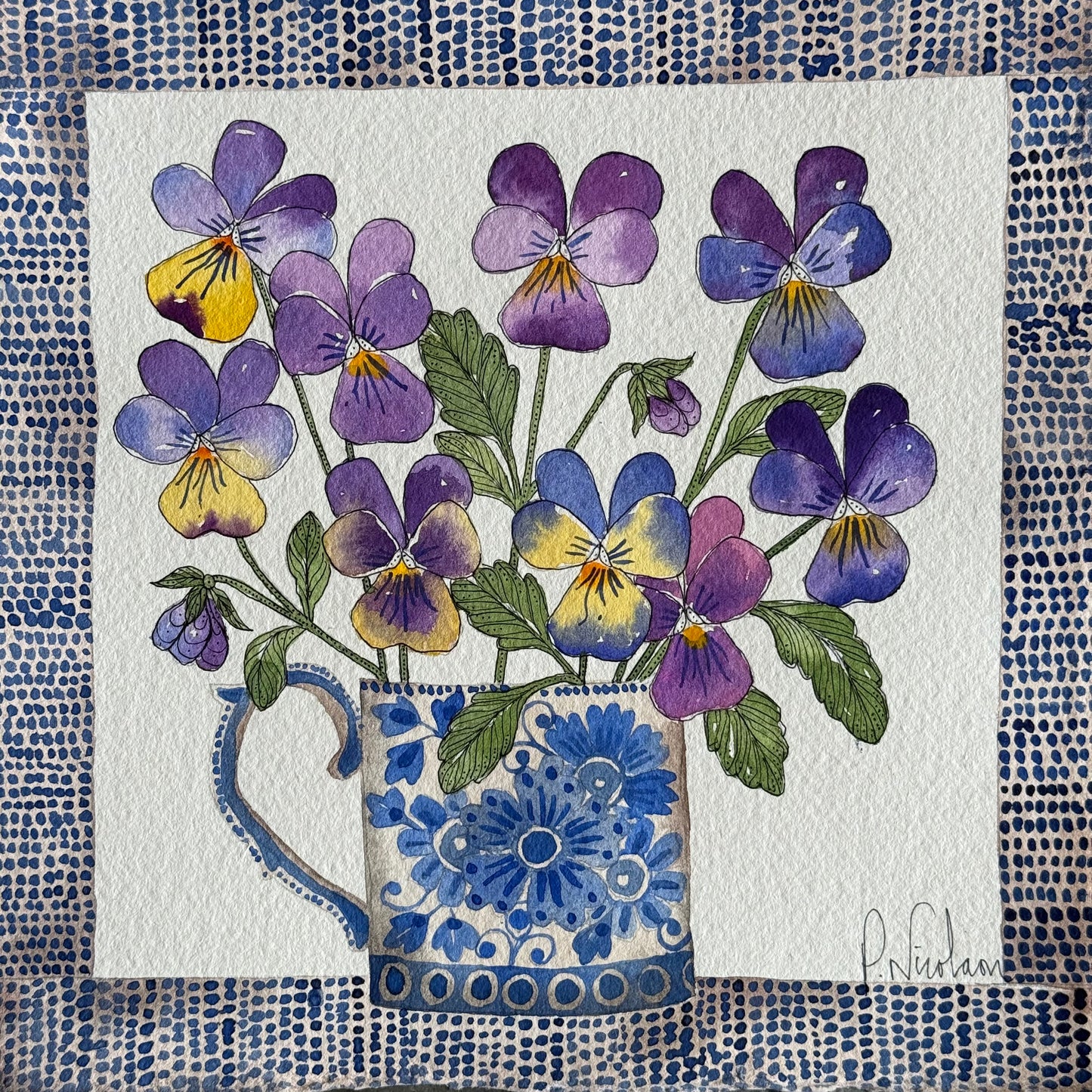Original, Watercolour Violas in a Delft Mug.