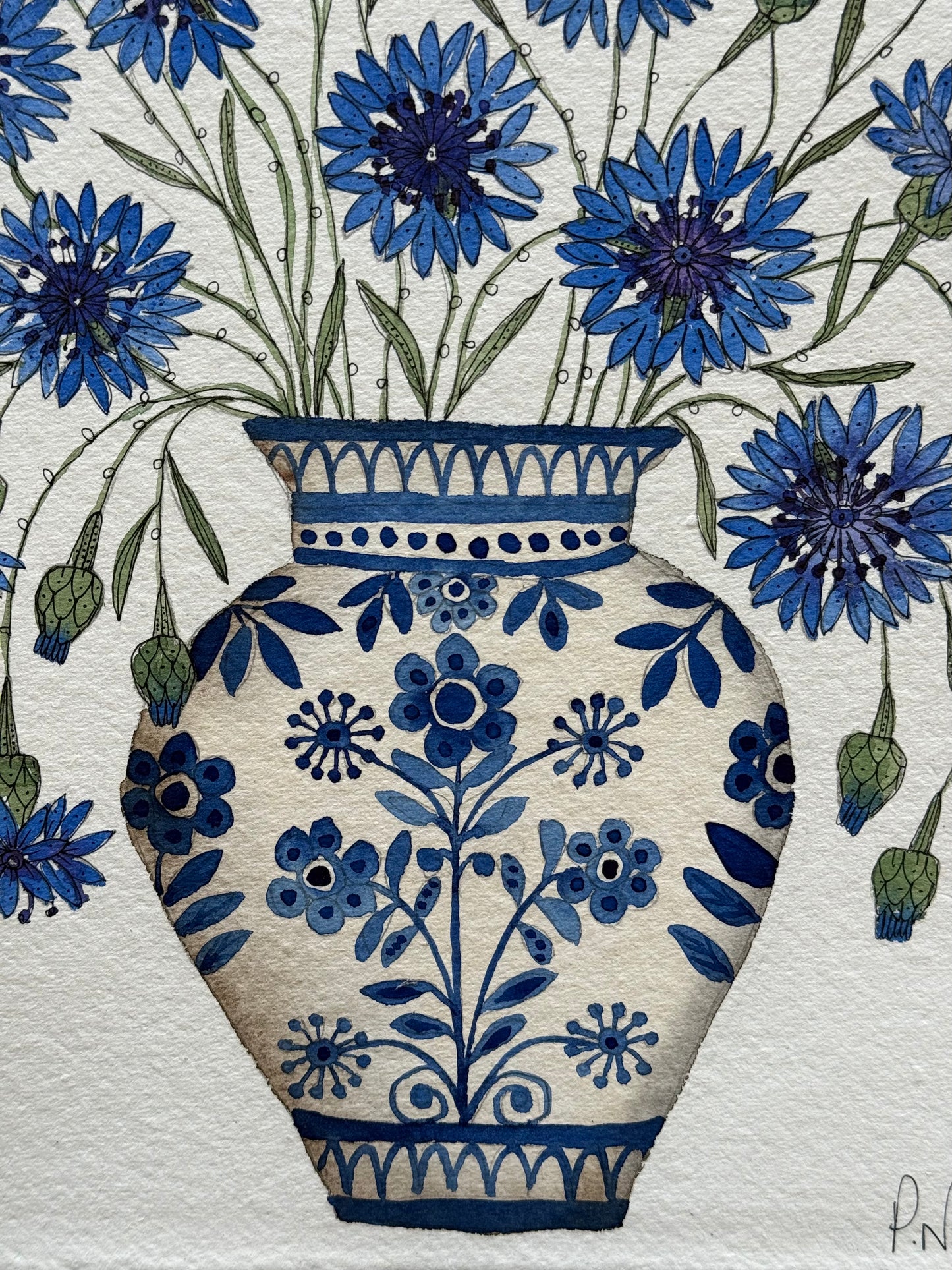 A4, Original Watercolour & Pen Cornflowers in a Delft Vase