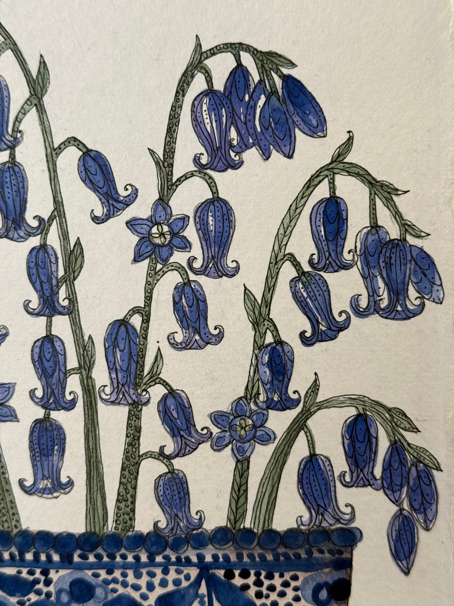 Original watercolour & ink bluebells in a blue & white ceramic vessel.