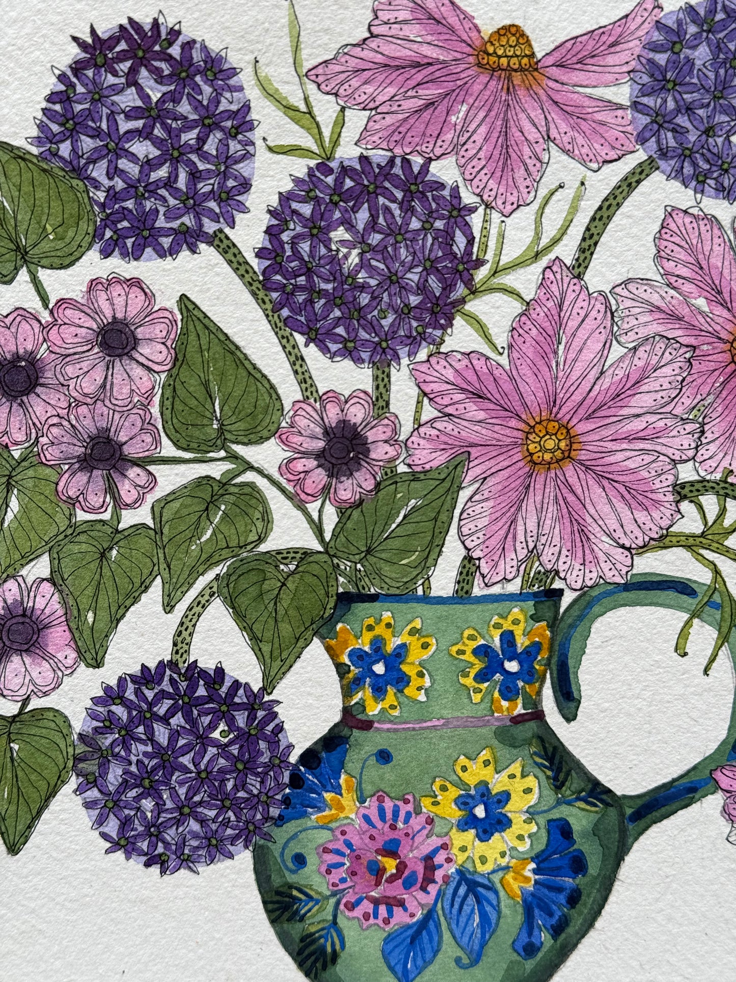 Original Watercolour Pink & Purple Flowers in a Jug