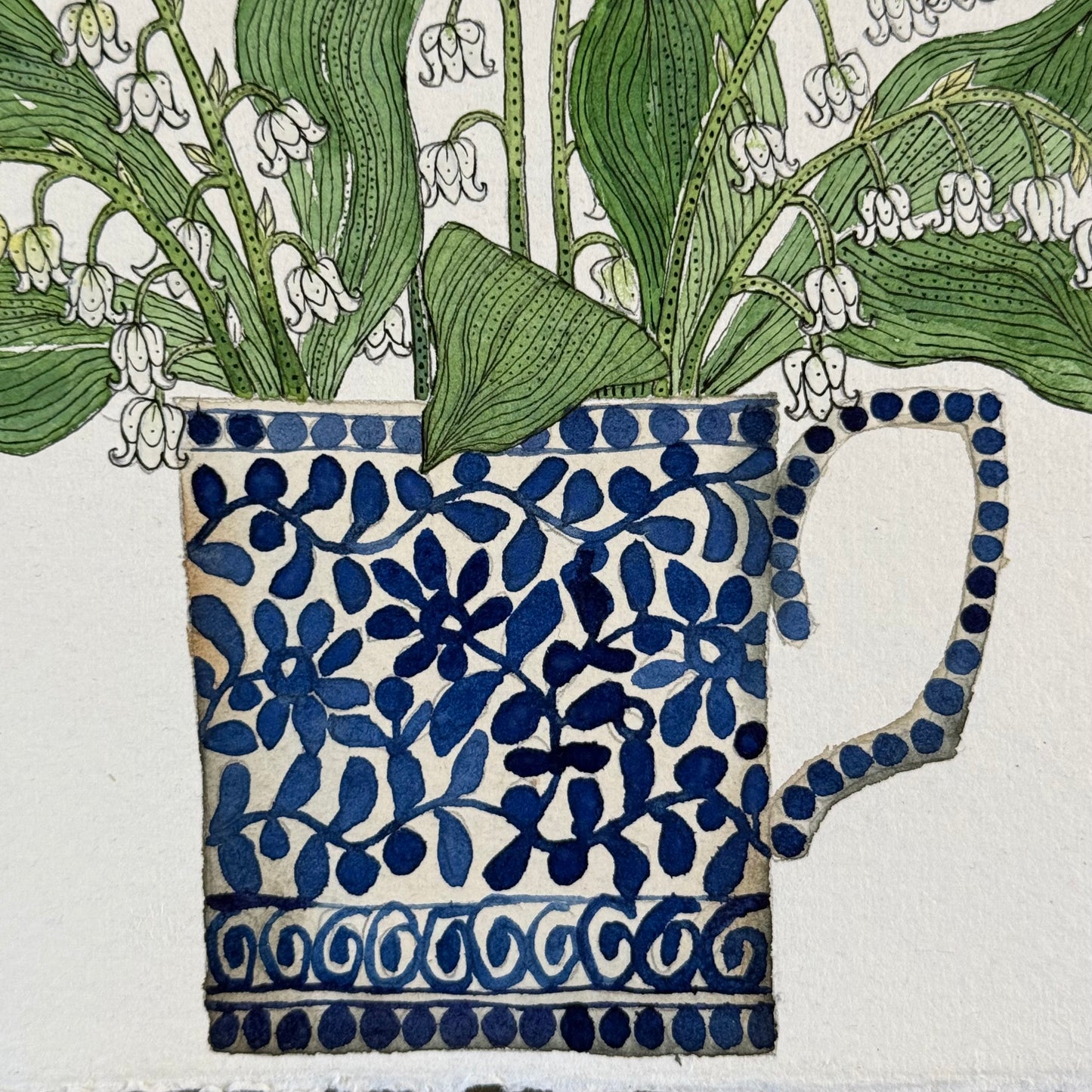 Original watercolour & ink painting of Lily of the valley in a little ceramic mug.