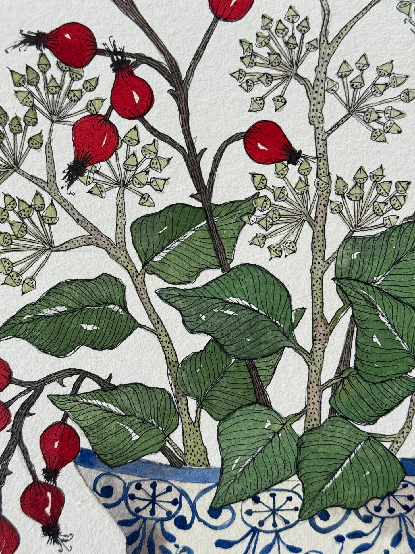 Original, A4 watercolour Ivy & Rosehips in a Delft Jug