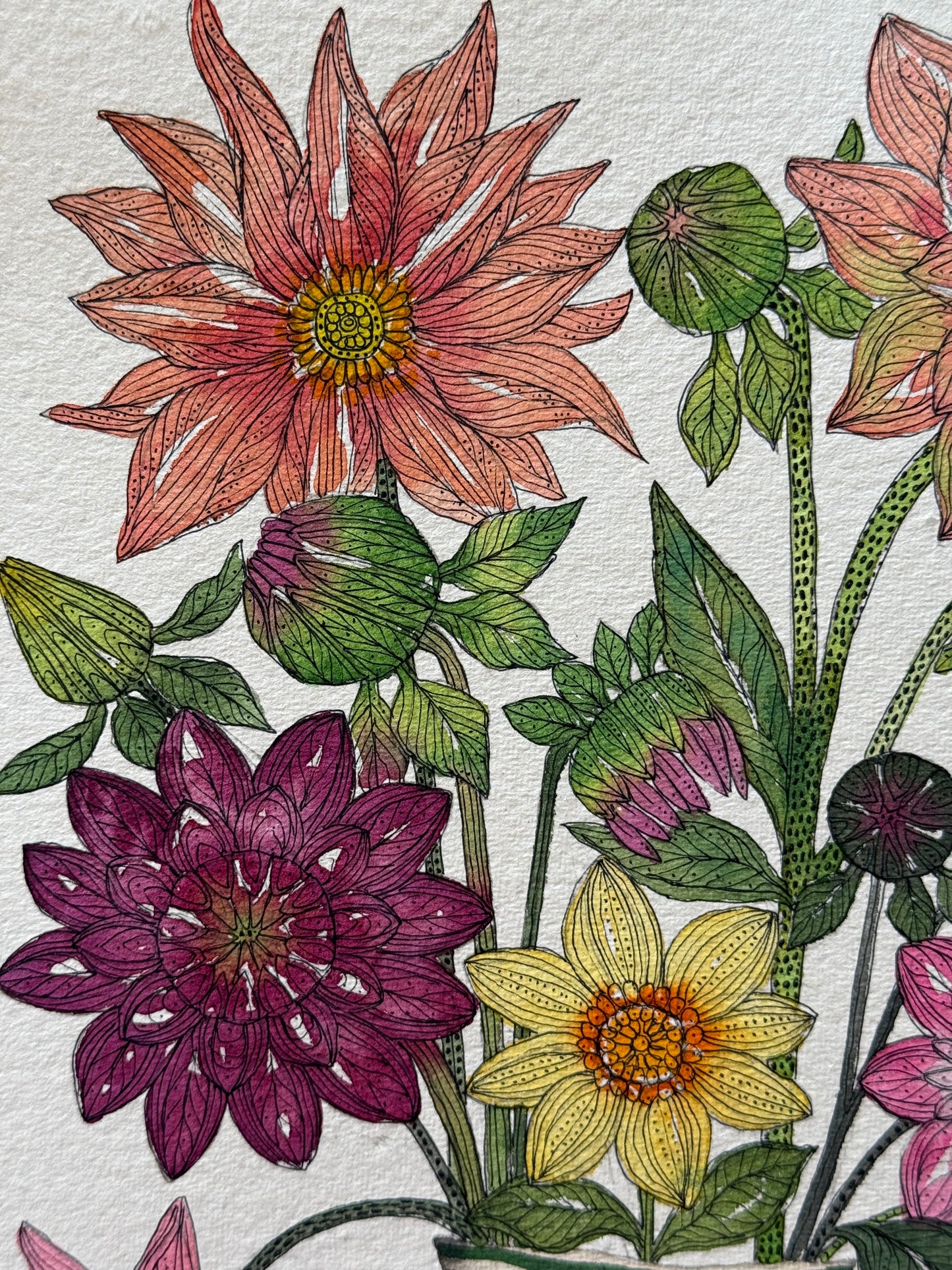 A4, Original Watercolour & Pen Dahlias in a Vase