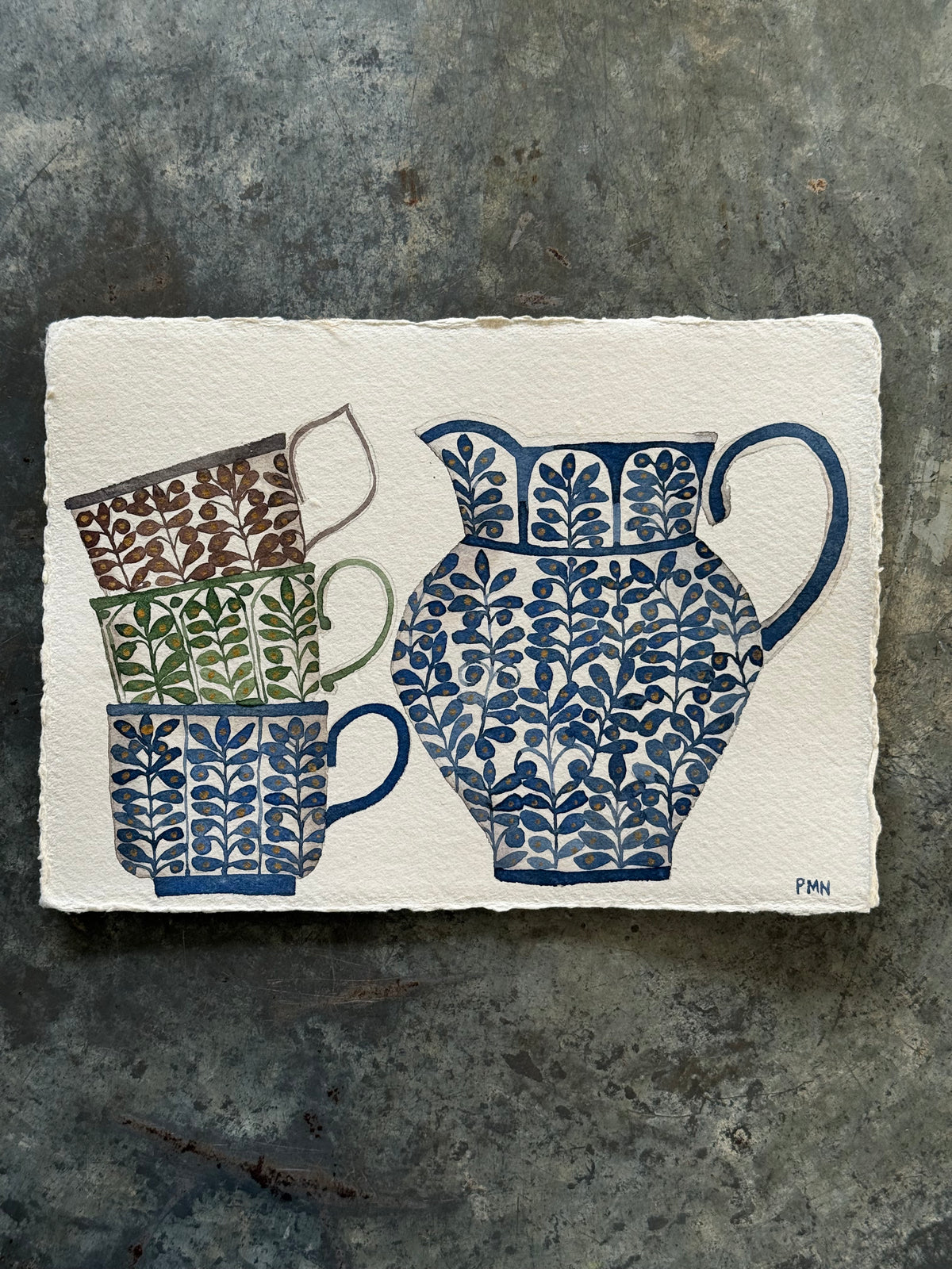 A5, Original Watercolour Patterned Jug & Teacups