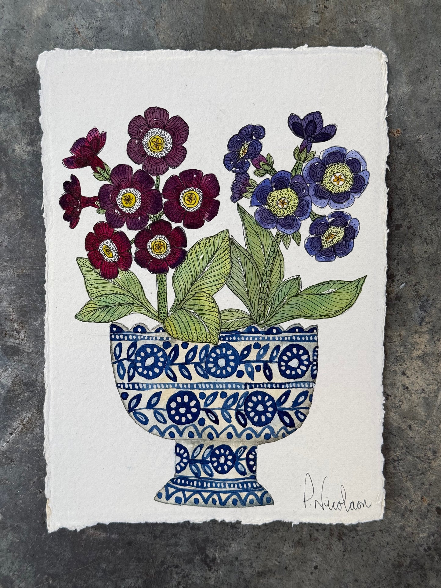 Original watercolour & ink auricular flowers in blue & white ceramic vessel