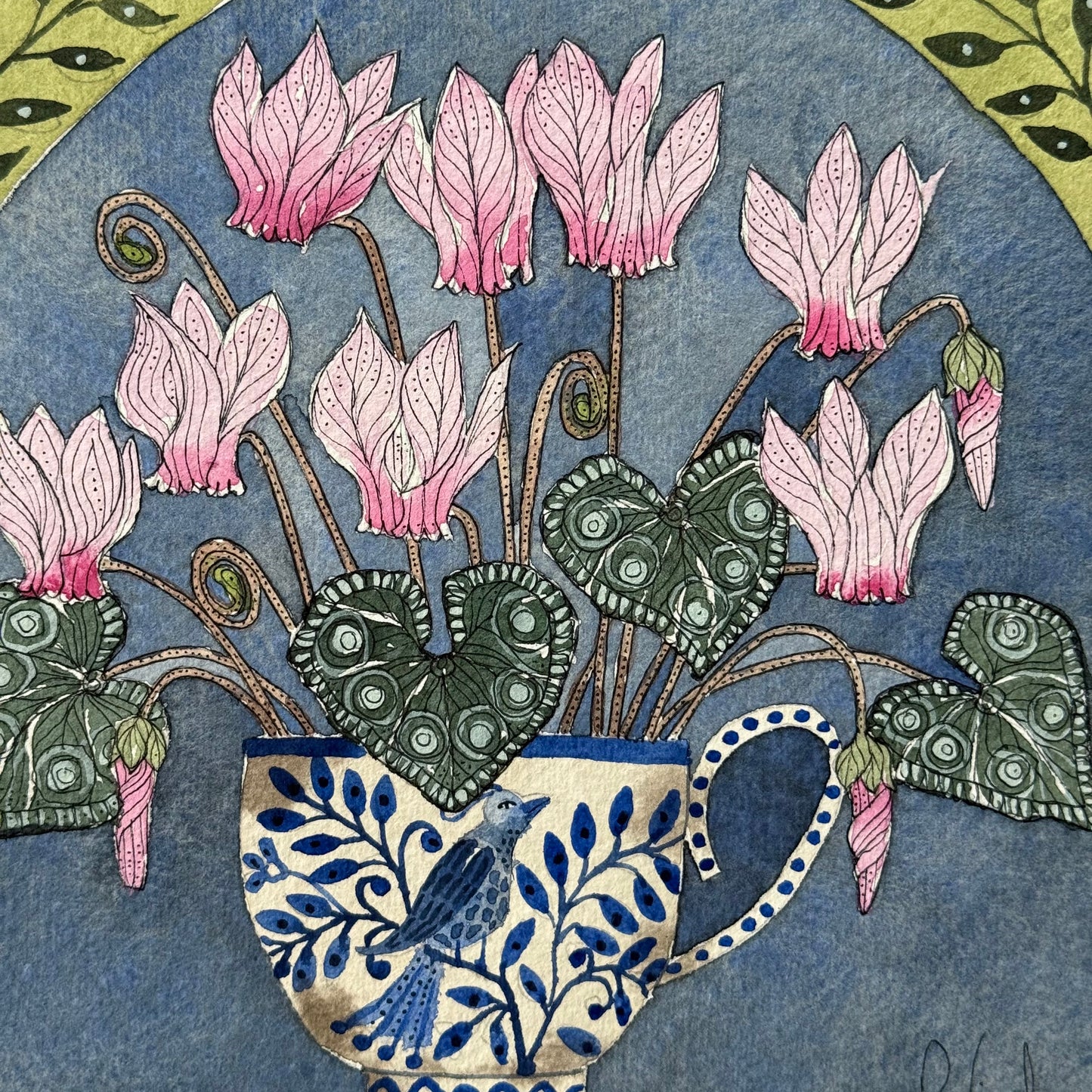 Original, Watercolour Cyclamen flowers in a Delft Teacup.