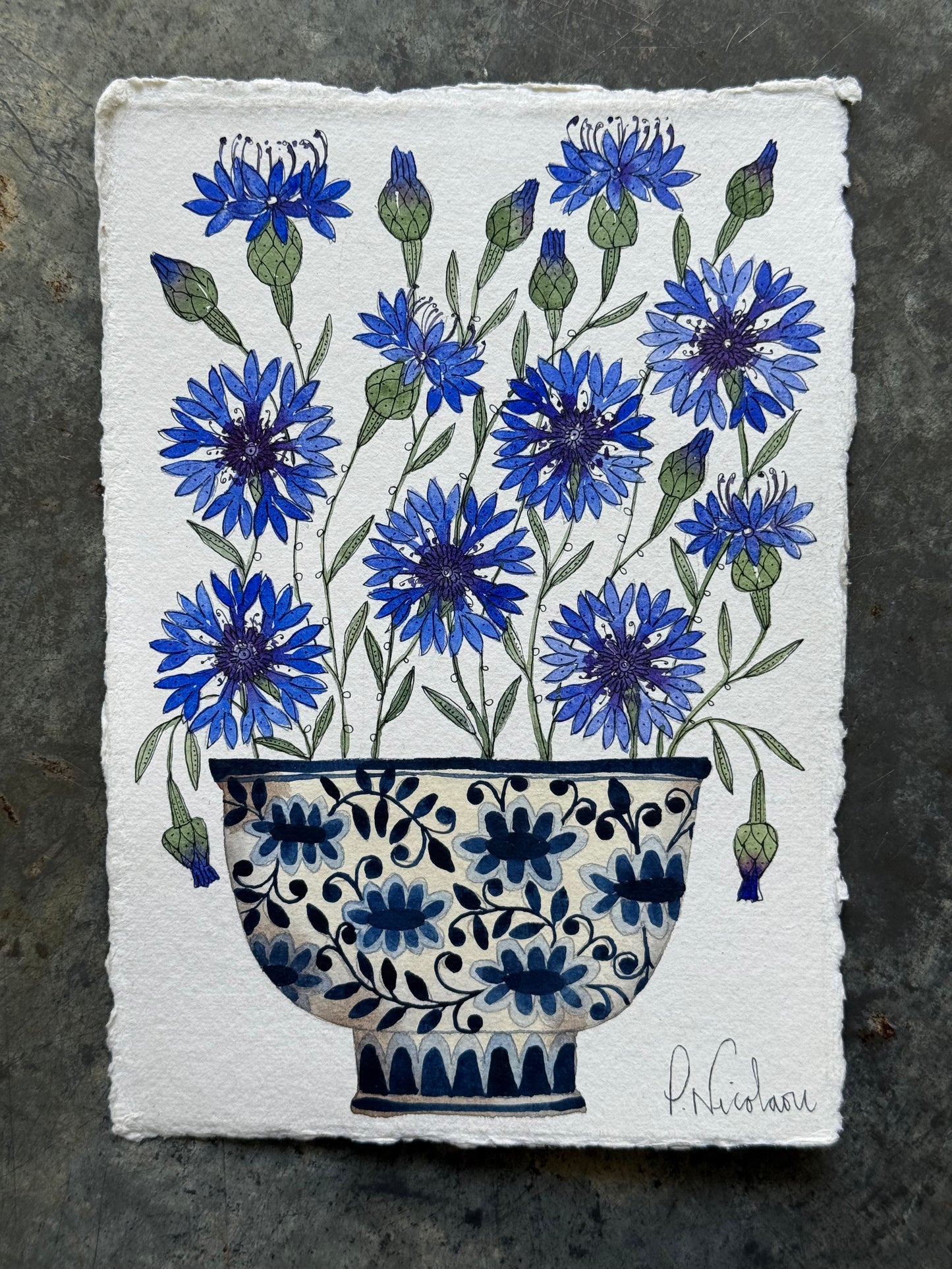 Original, A5, watercolour painting of Cornflowers in a little patterned Pot