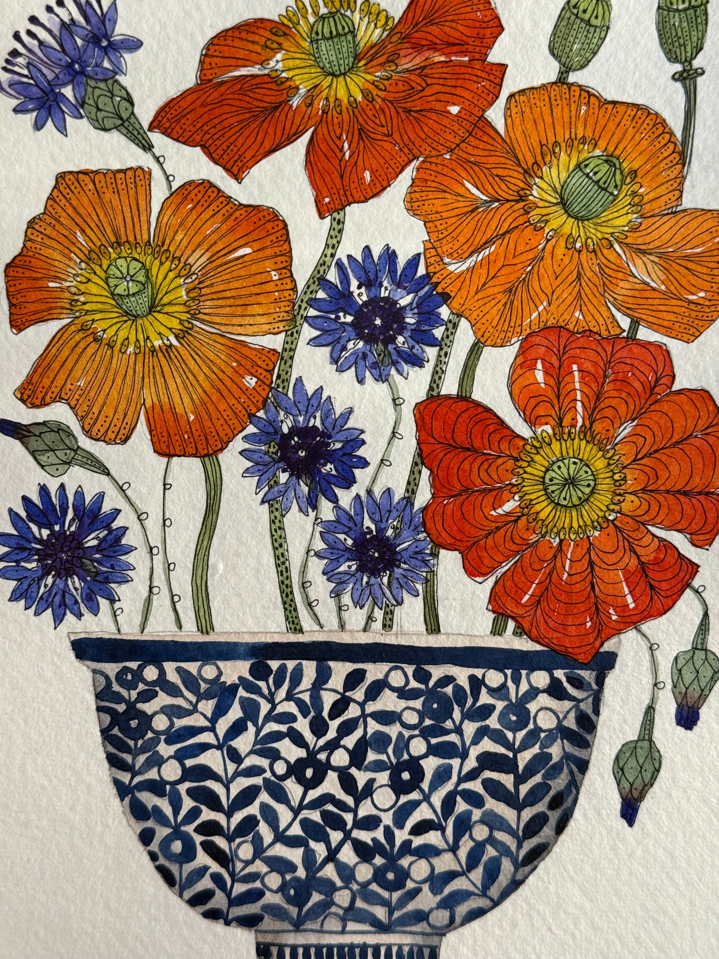 Original, A5 watercolour painting of Cornflowers & poppies