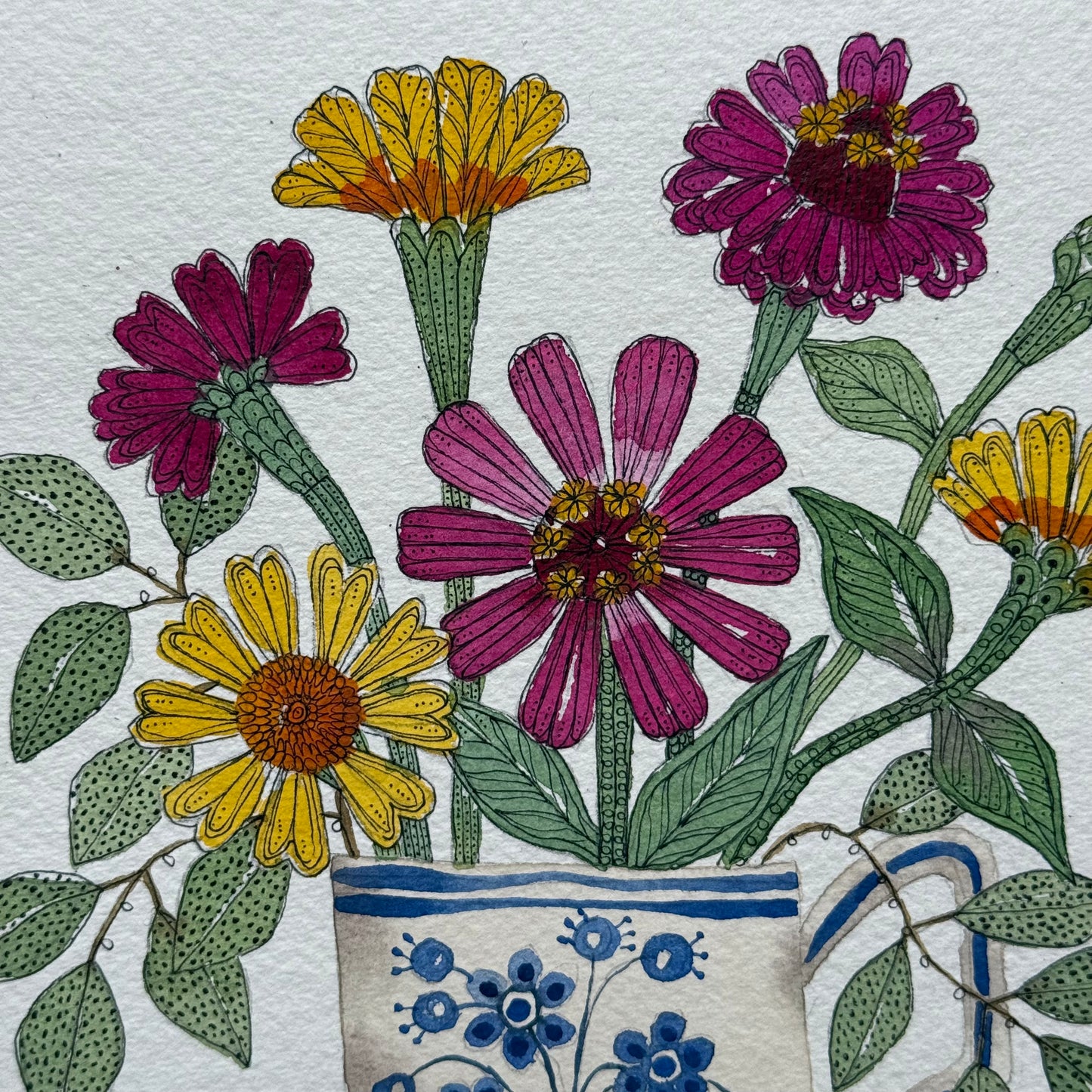Original, watercolour painting of Zinnias in a delft teacup.
