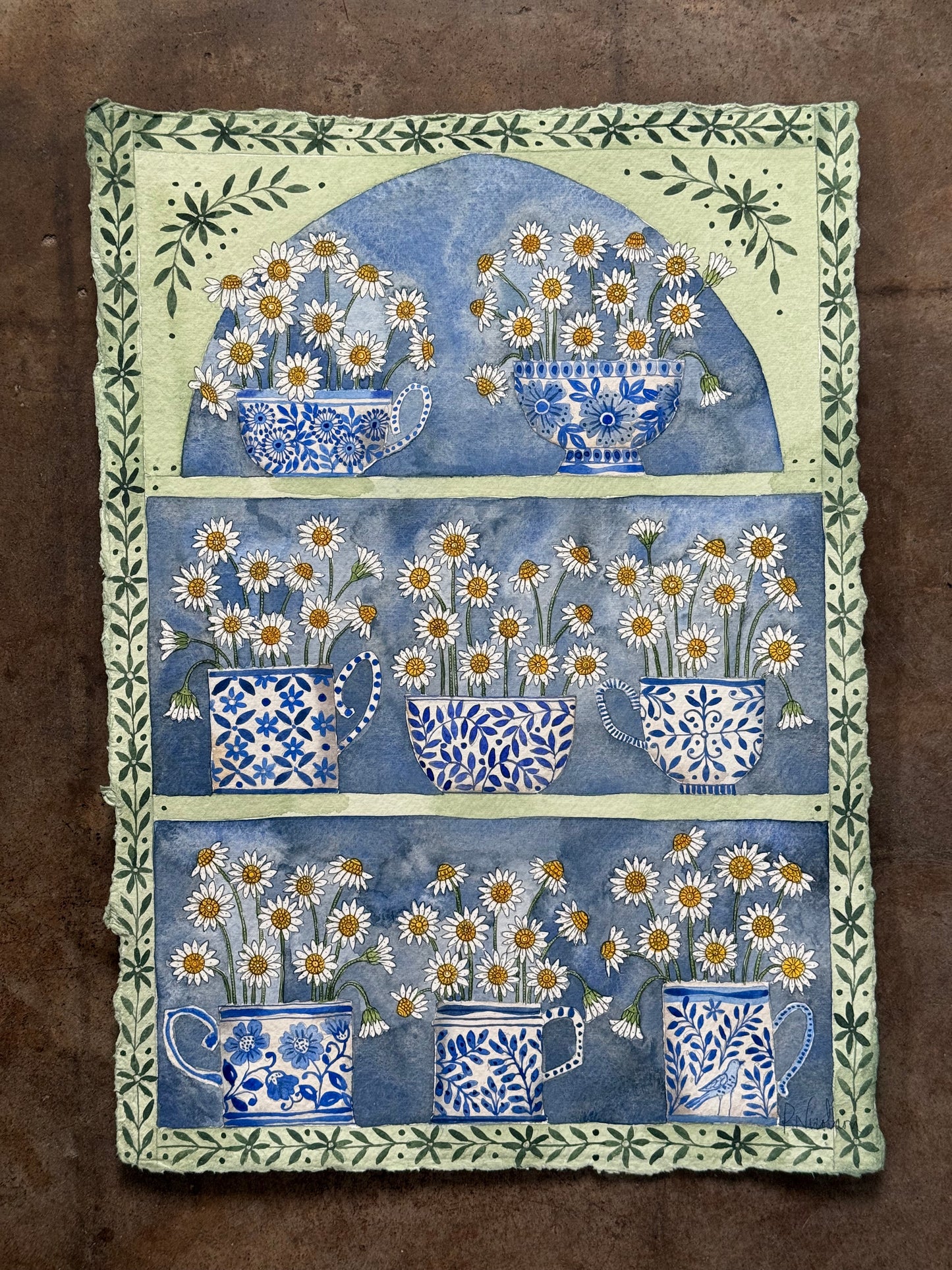 Original, A3 Watercolor painting of Daisy flowers in delftware.