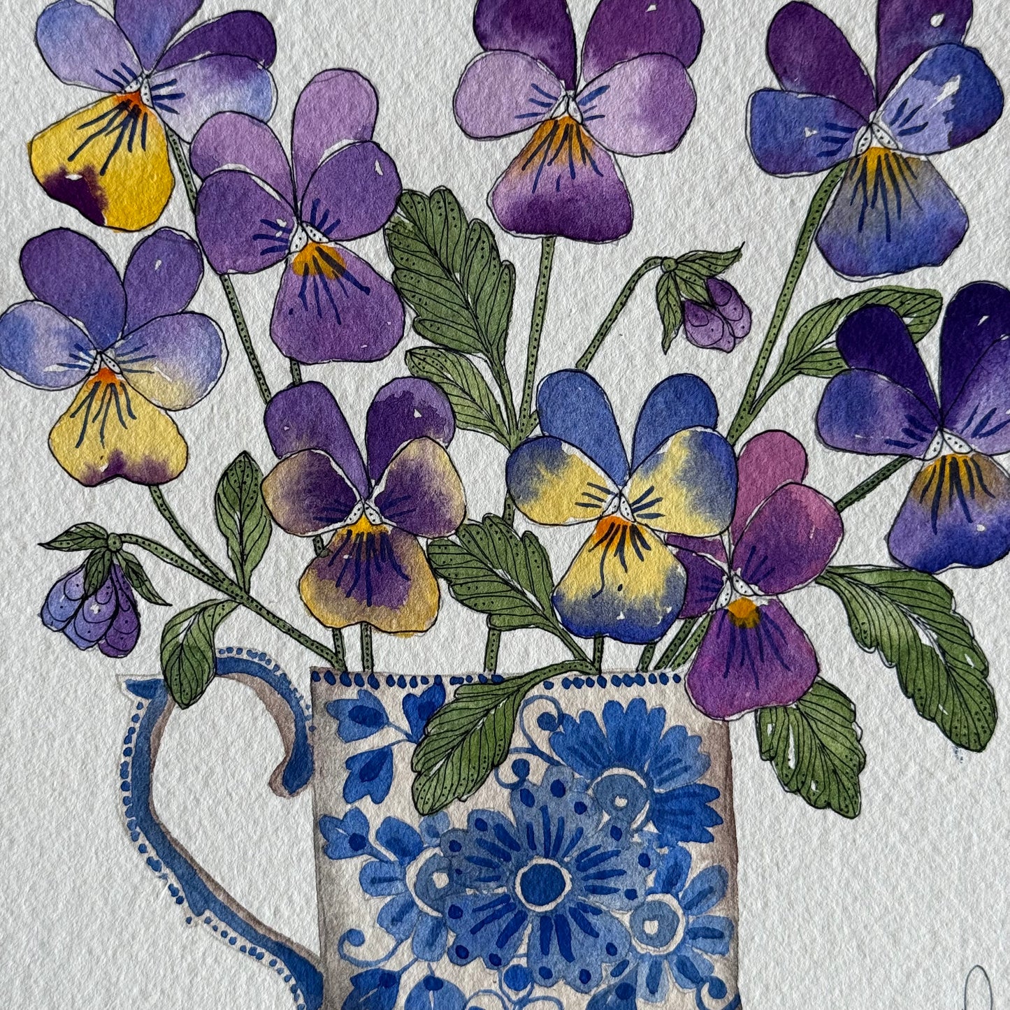 Original, Watercolour Violas in a Delft Mug.