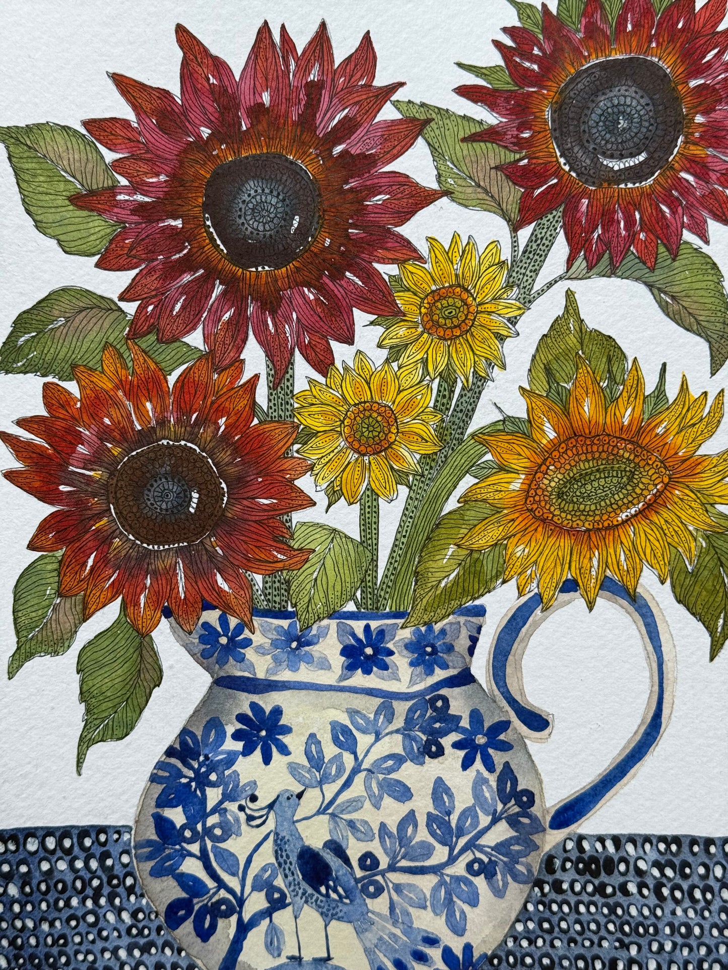 Original, A4 Watercolour Sunflowers in a Delft inspired Vase