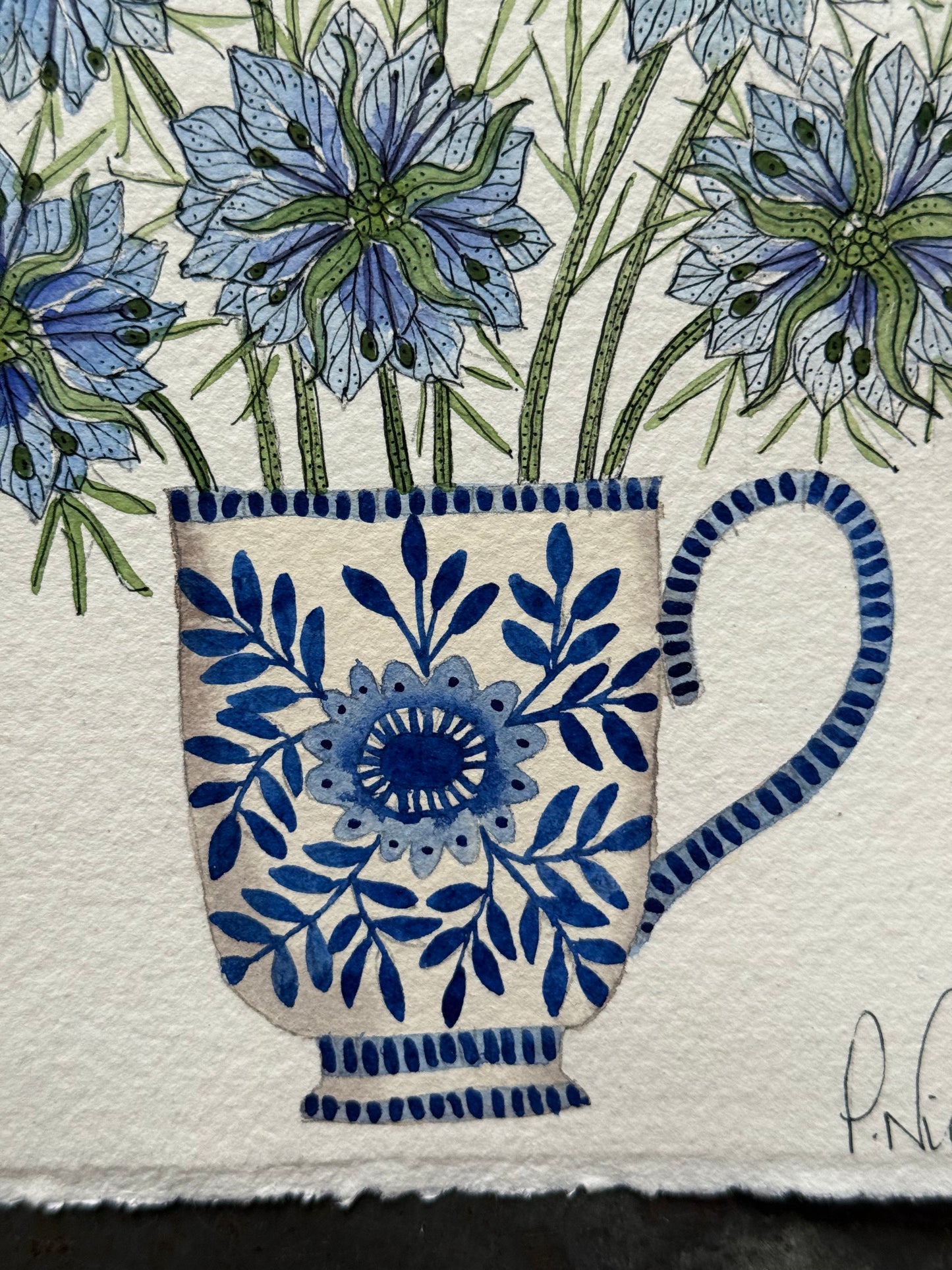 Original, A5 Watercolour Painting of Love in a Mist in a Delft Teacup