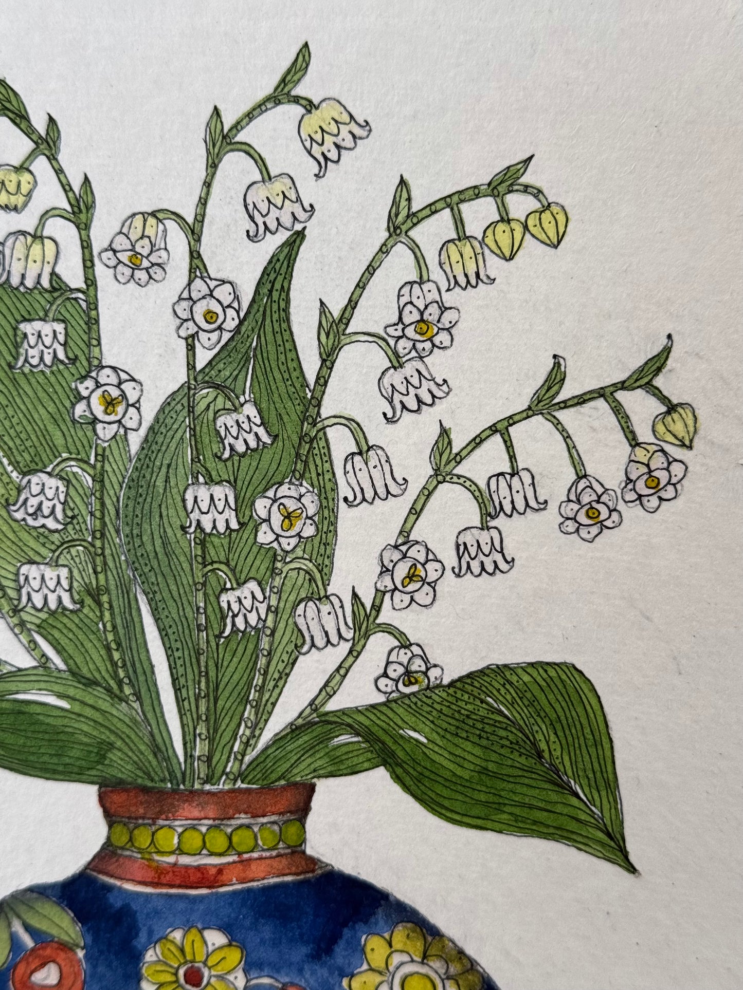 Original watercolour & ink Lily of the Valley in a patterned ceramic vase.