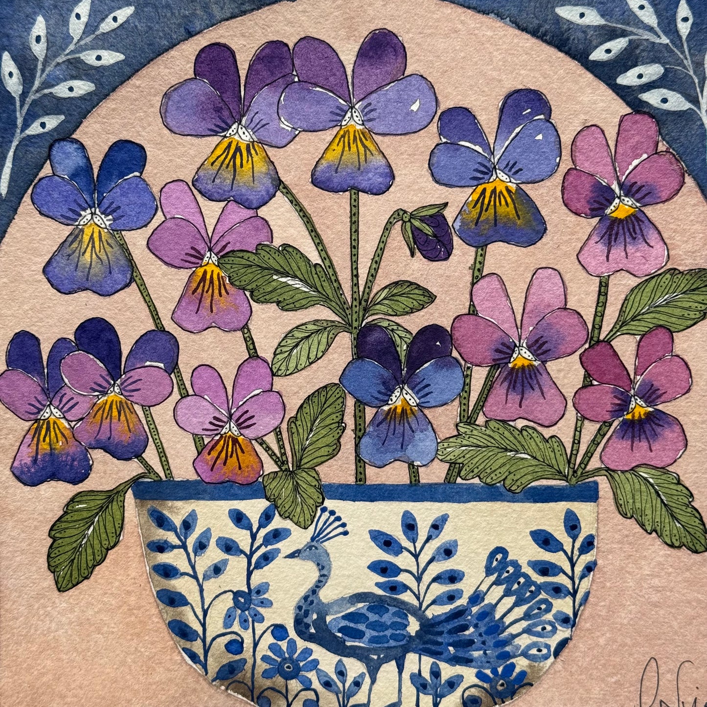 Original, Watercolour Painting of Violas in a Delft Vessel.