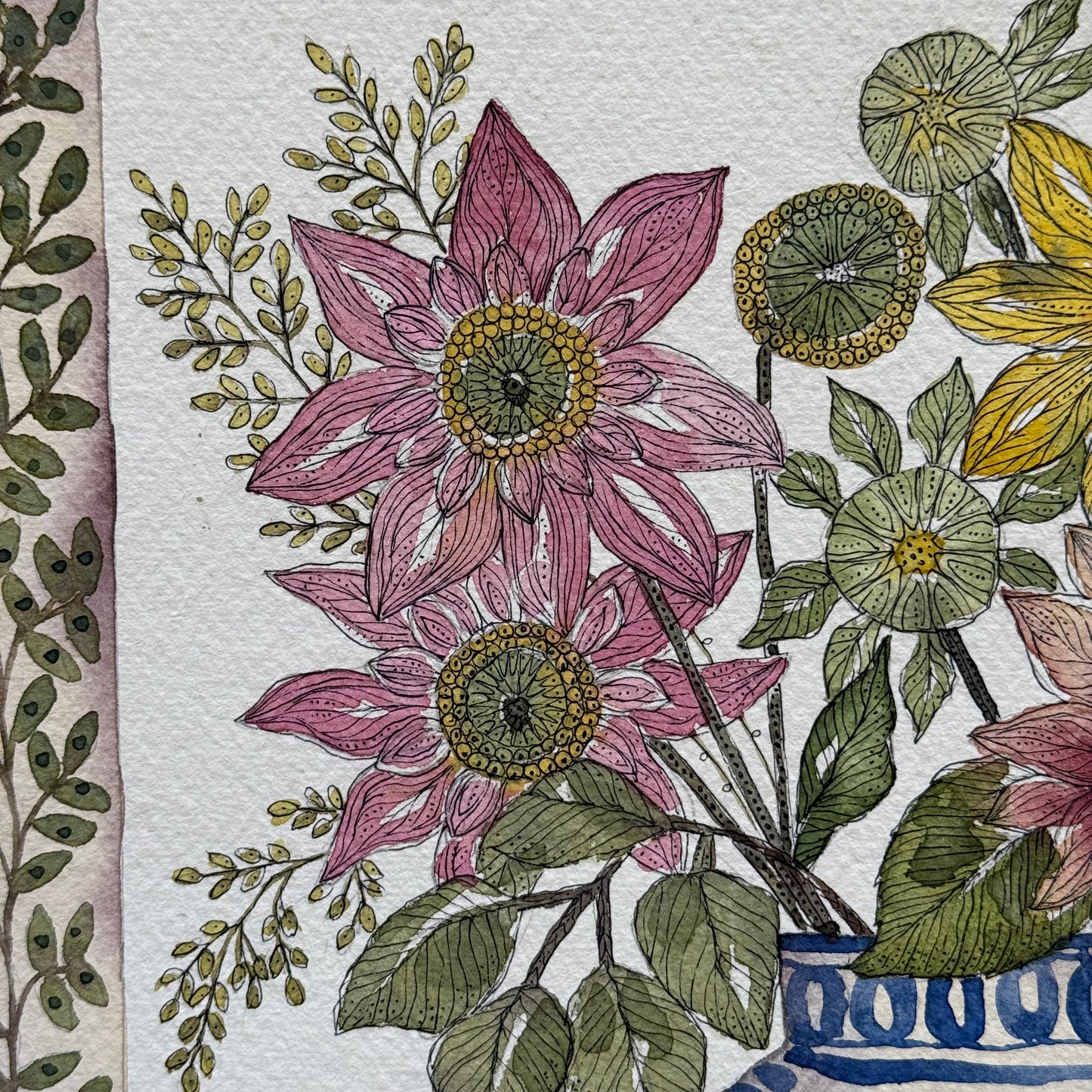 Original, Watercolour Painting of Autumnal Flowers in a Delft Vase.