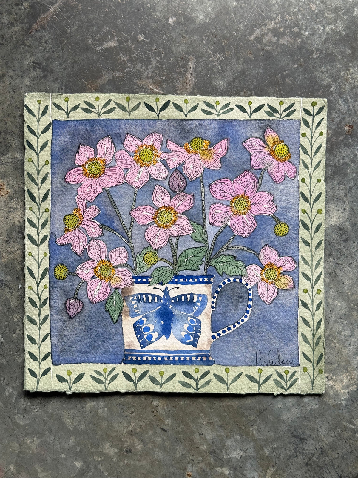 Original, Watercolour & Pen Pink Anemones