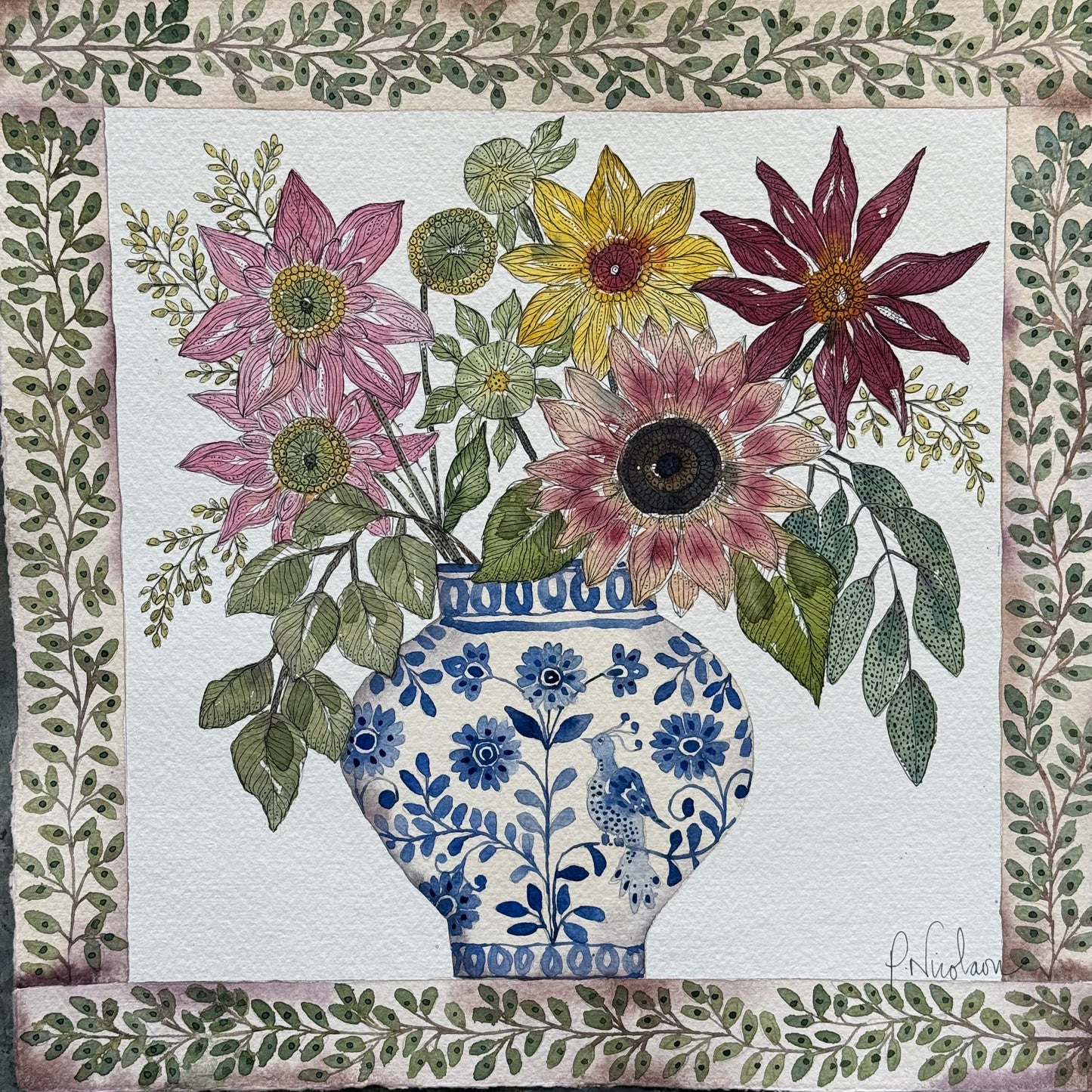 Original, Watercolour Painting of Autumnal Flowers in a Delft Vase.