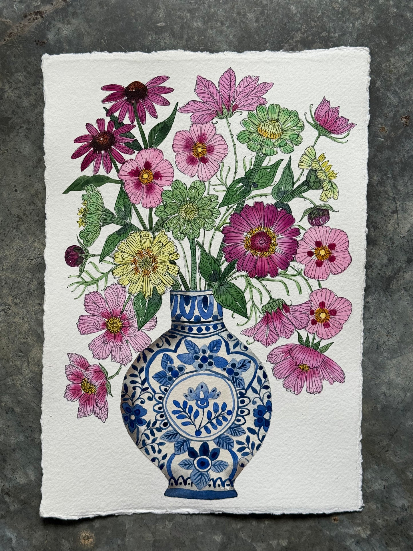 Original, A4 Watercolour painting of Cut garden Flowers in a delft Vase.