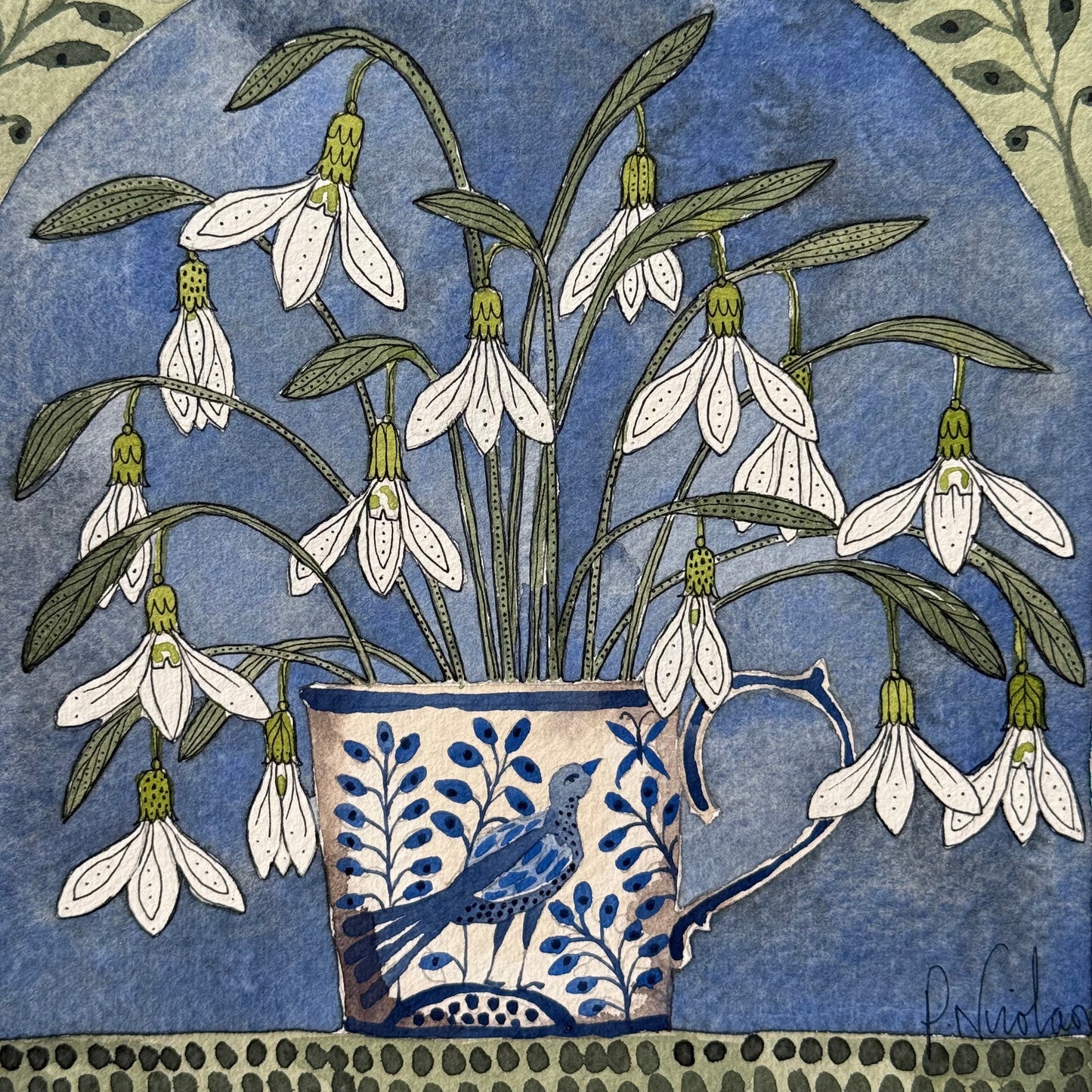Original, Watercolour Painting of Snowdrops in a little Delft Mug.