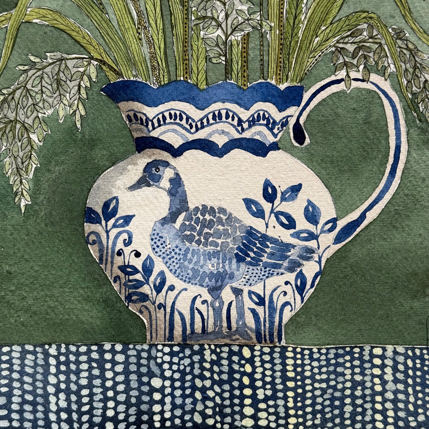 Original, watercolour & Ink Bulrushes and Reads in a delft inspired Jug