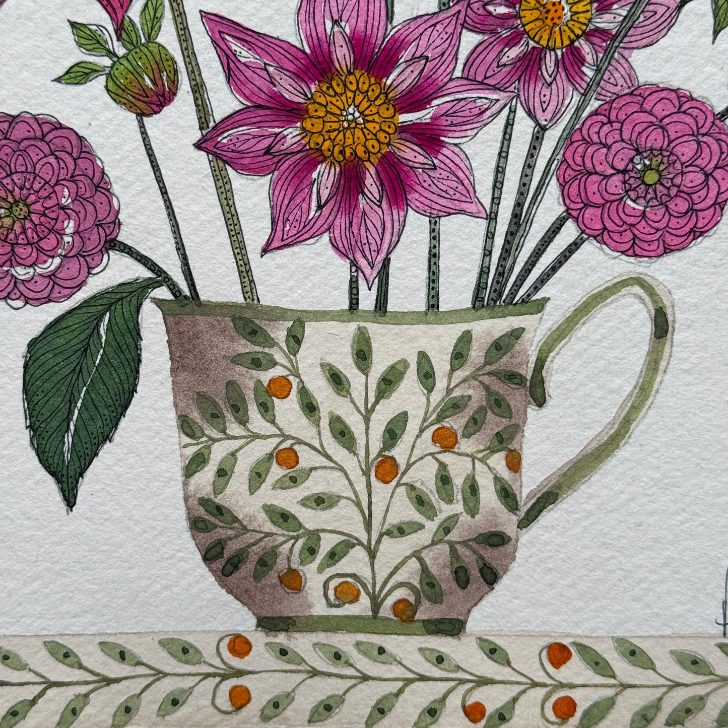 Original, watercolour painting of Dahlias in a little green & orange teacup.