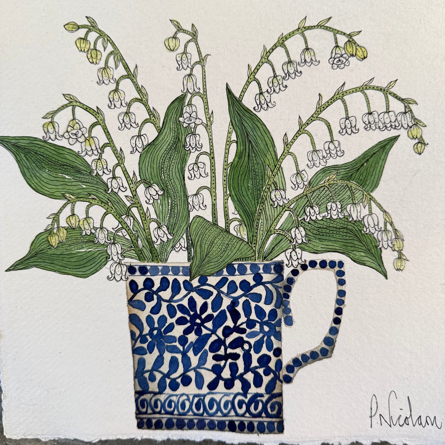 Original watercolour & ink painting of Lily of the valley in a little ceramic mug.