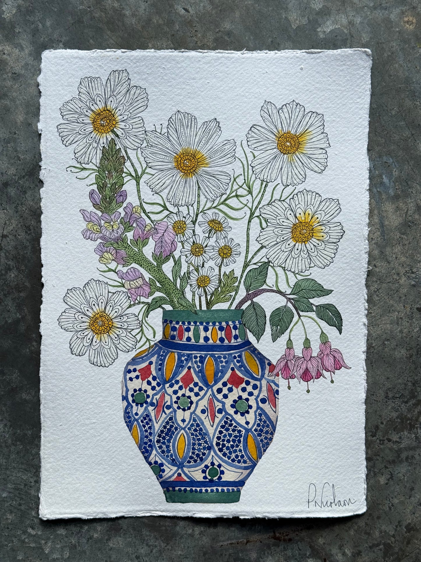 Original, A4 Watercolour Cosmos, Fuchsia, Daisies & a Snapdragon Flower in a Patterned Vase