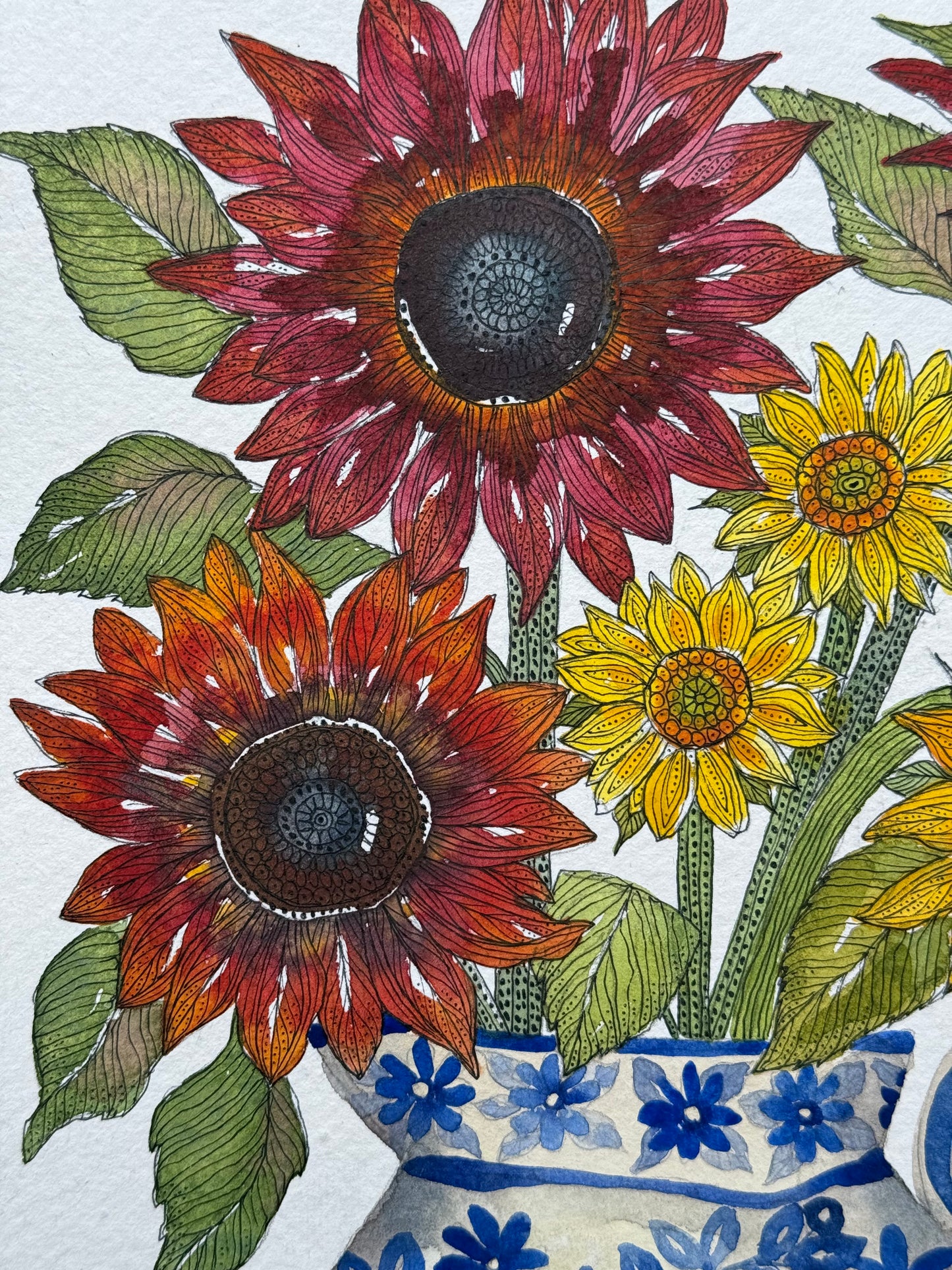 Original, A4 Watercolour Sunflowers in a Delft inspired Vase