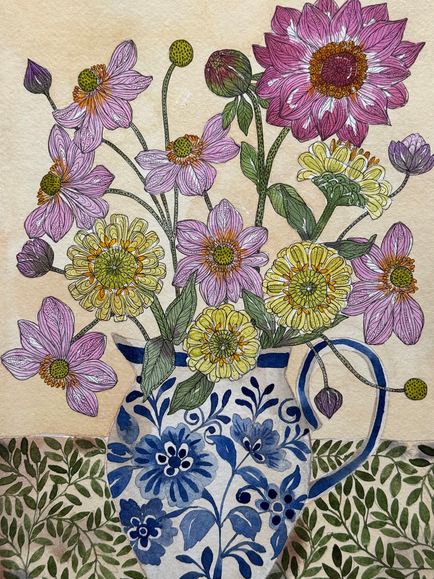 Original, A4 Watercolour Anemones, zinnias and a Dahlia arranged in a Delft Vase