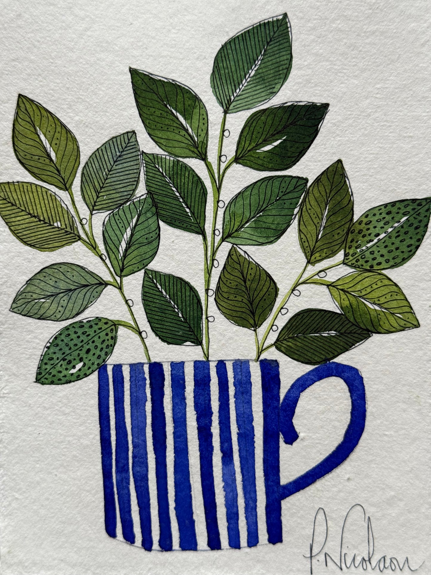 Original, A6 Watercolour Leaves in a blue & white Stripe Mug.