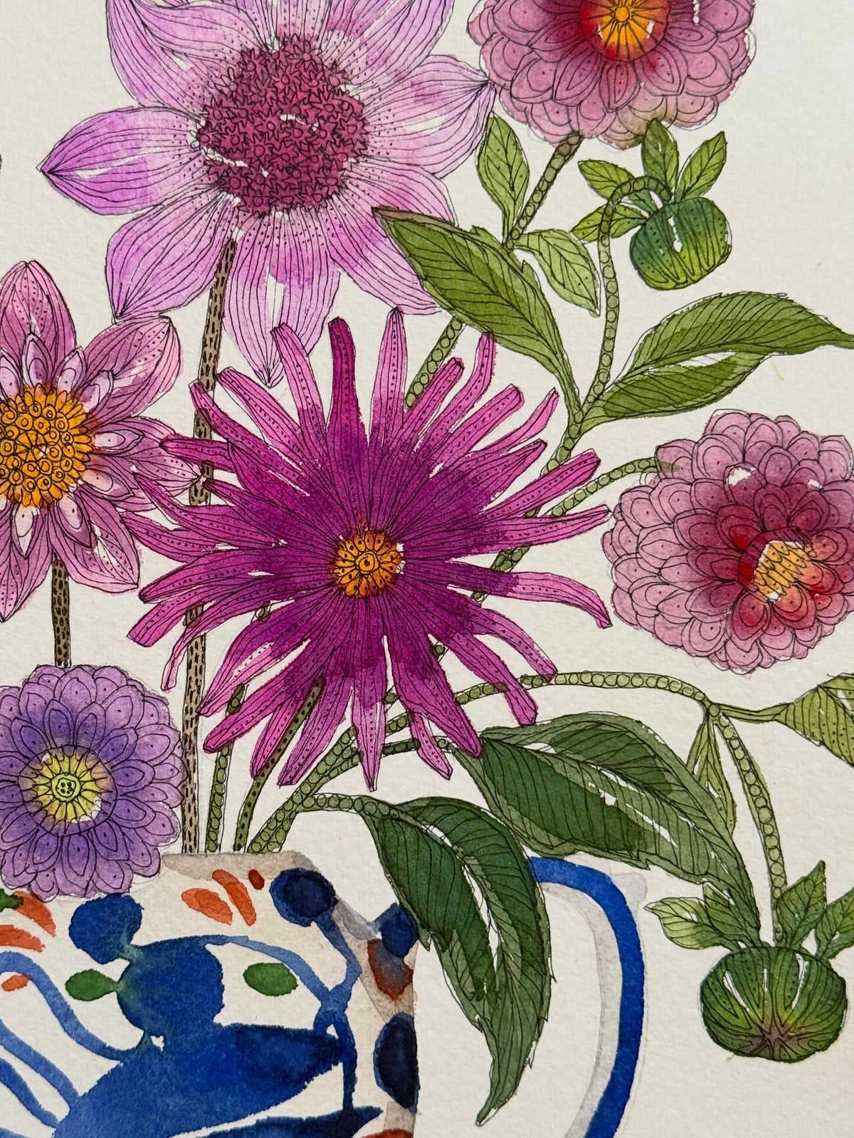 Large, Original Watercolour Dahlias in a Teapot