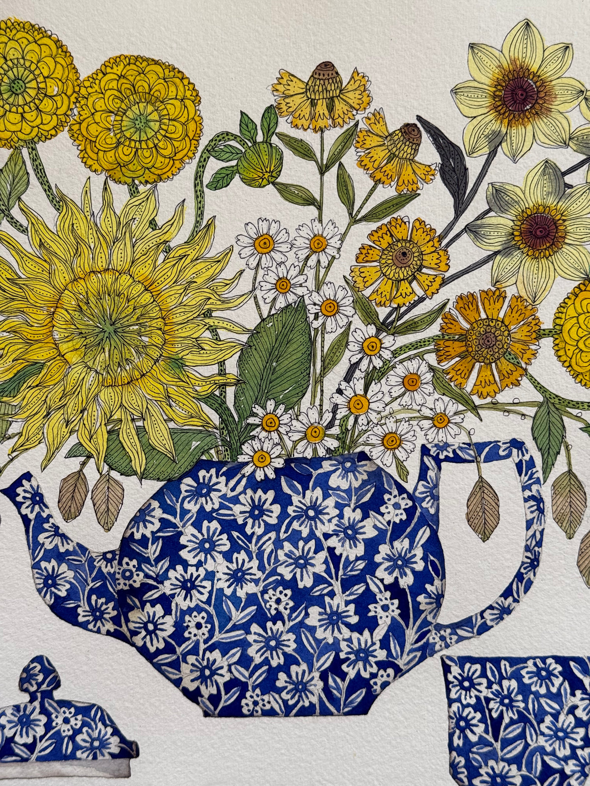 Large, Original, Watercolour Yellow Flowers in a Burleigh Teapot