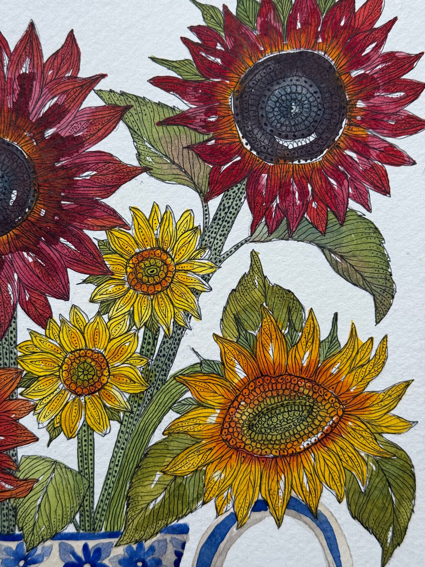 Original, A4 Watercolour Sunflowers in a Delft inspired Vase